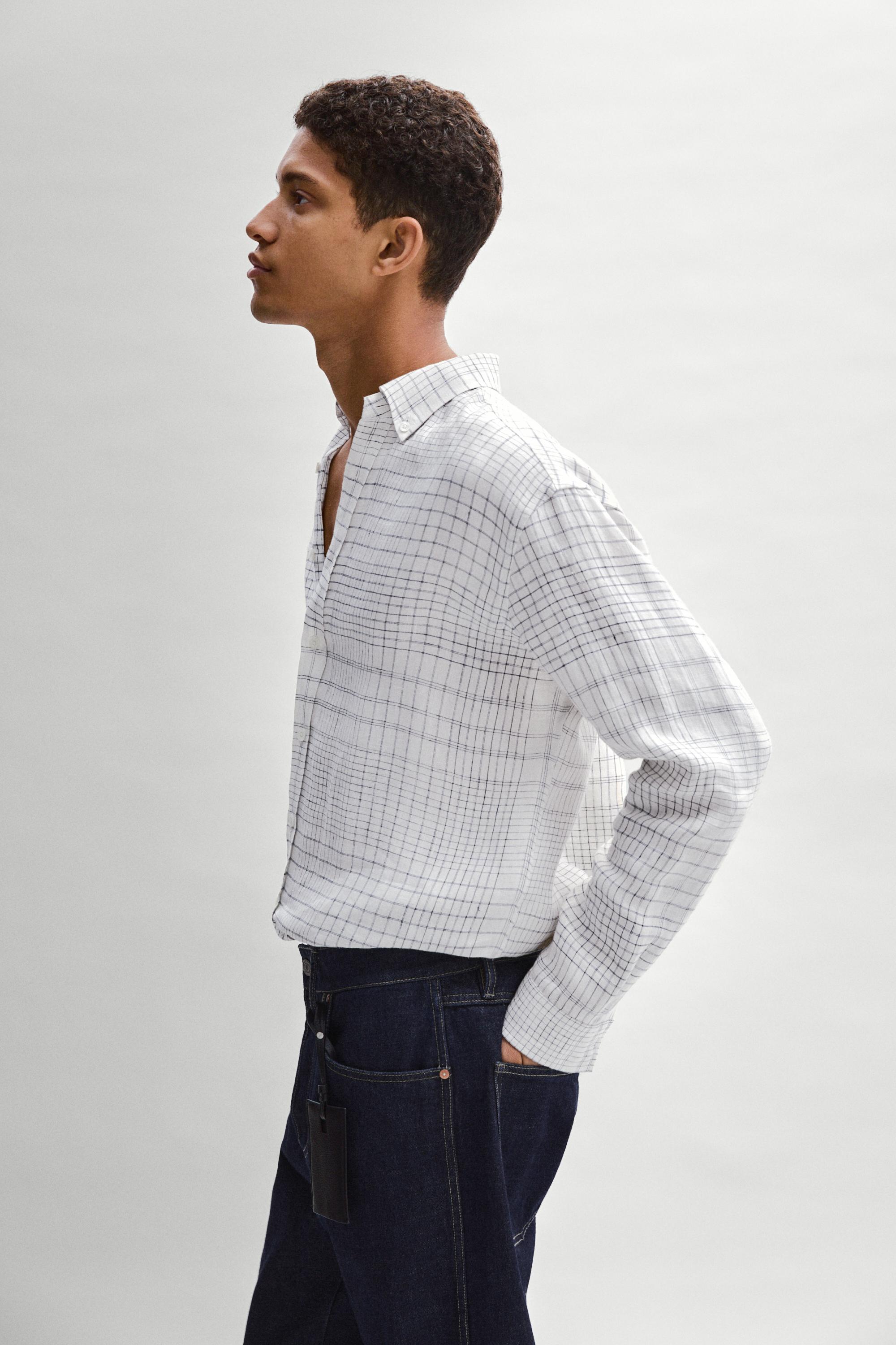 100% linen regular fit check shirt — WHITE