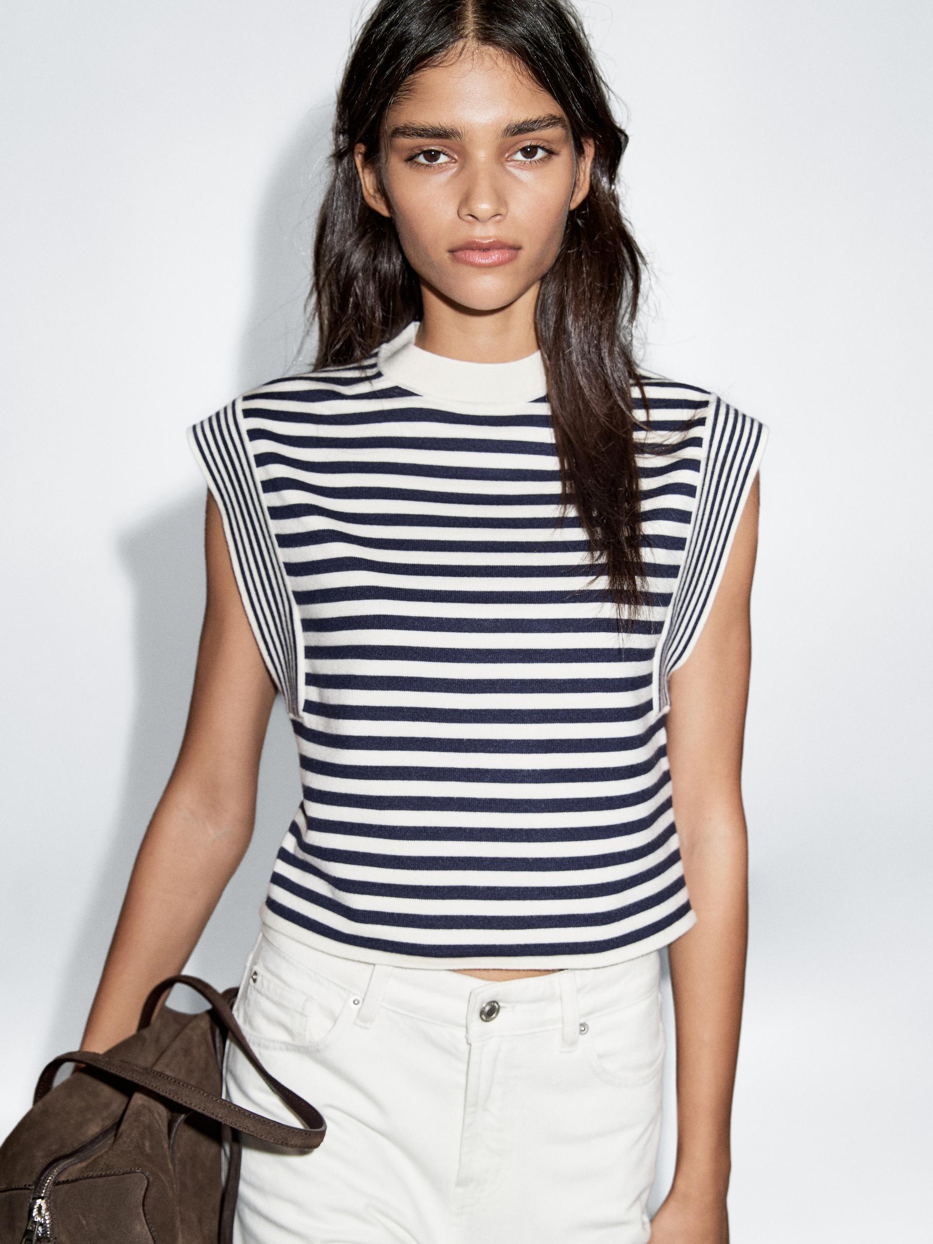 Massimo Dutti Striped Round Neck Waistcoat In Black