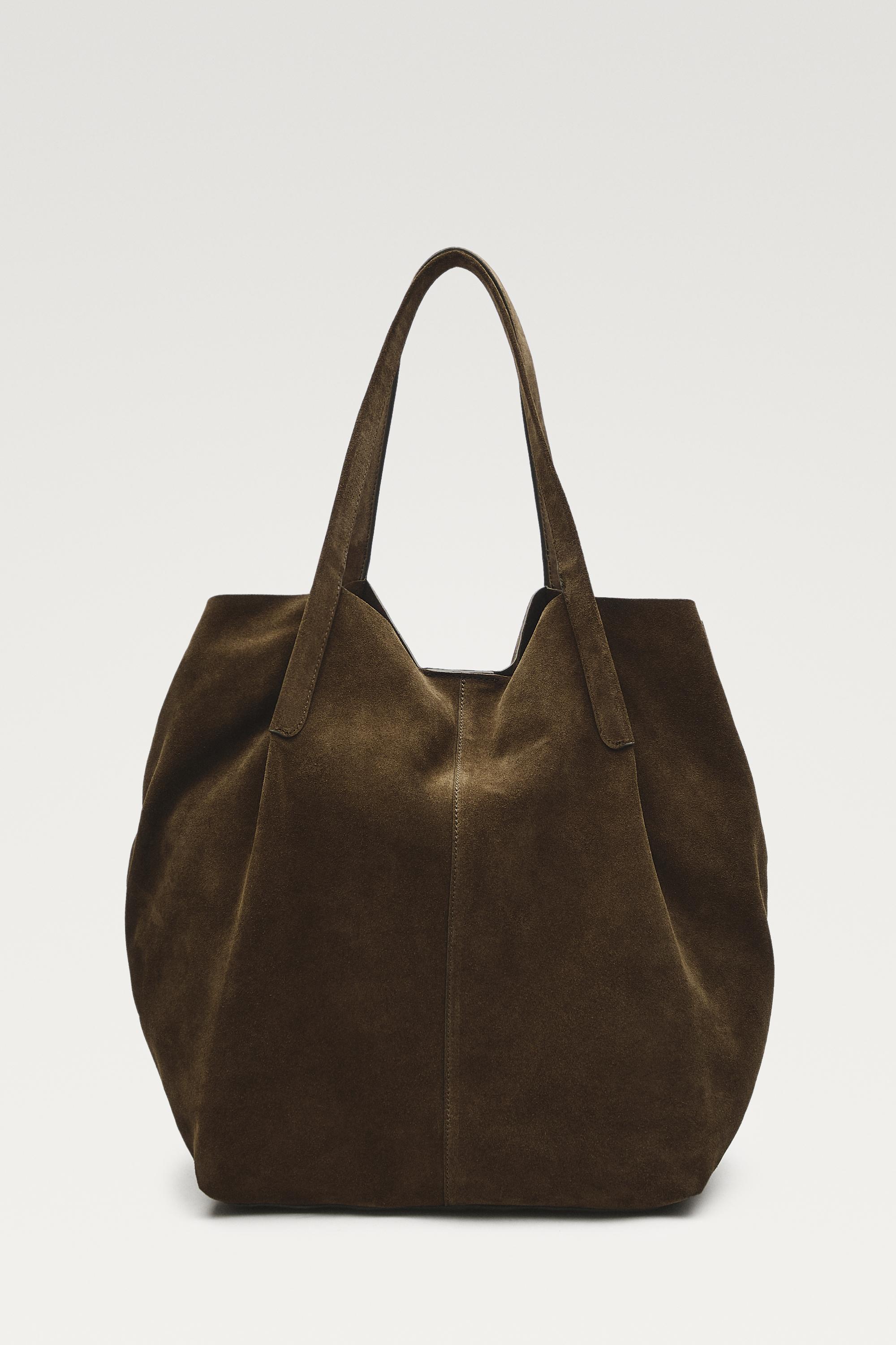 Split suede leather tote bag — KHAKI