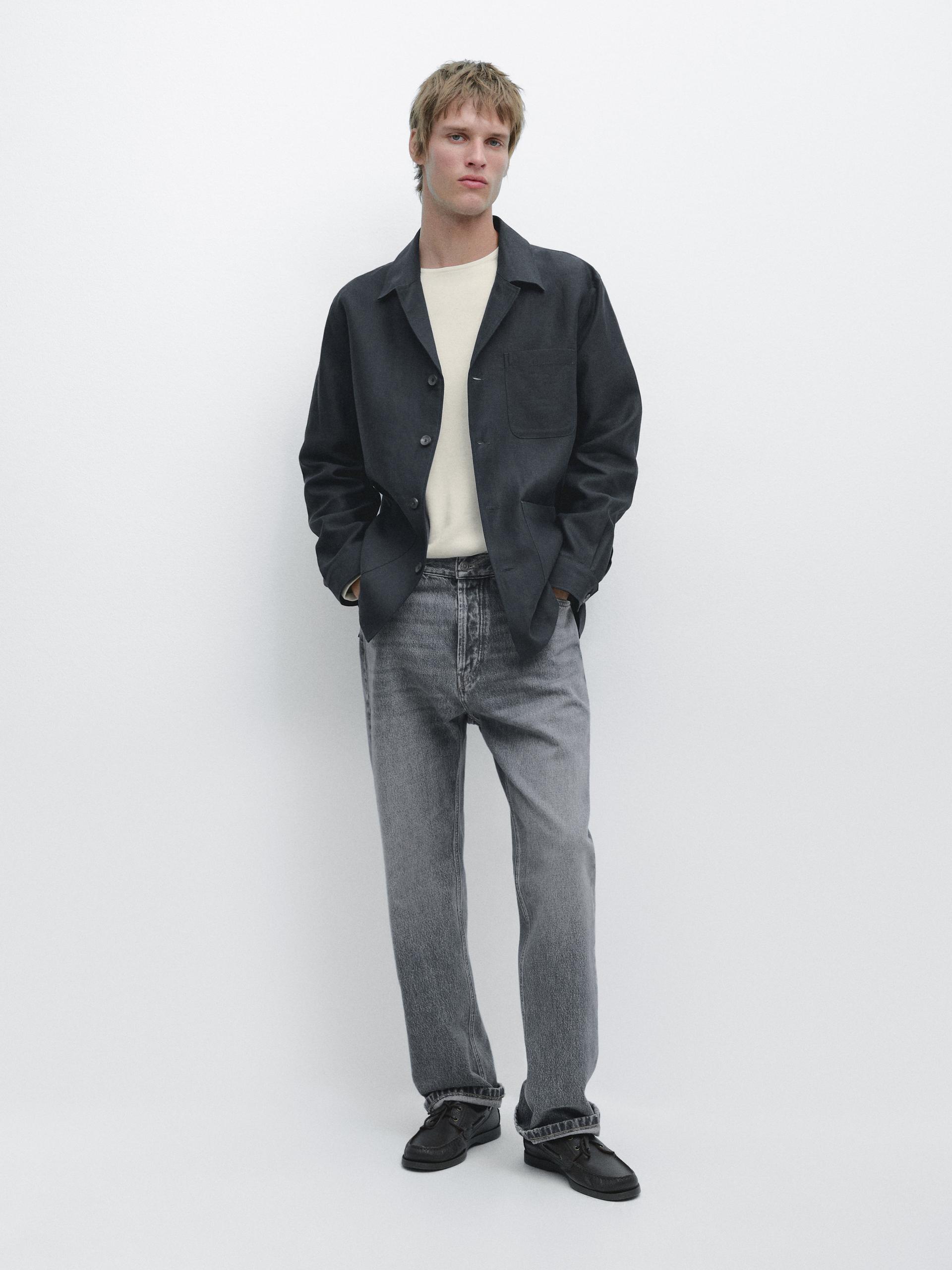 Sobrecamisa Detalle Bolsillos Lino - Azul - S - Massimo Dutti - Hombre