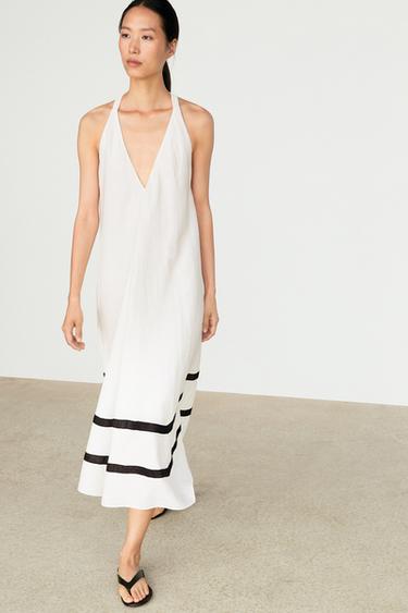 Linen blend midi dress with contrast stripe detail — WHITE 3