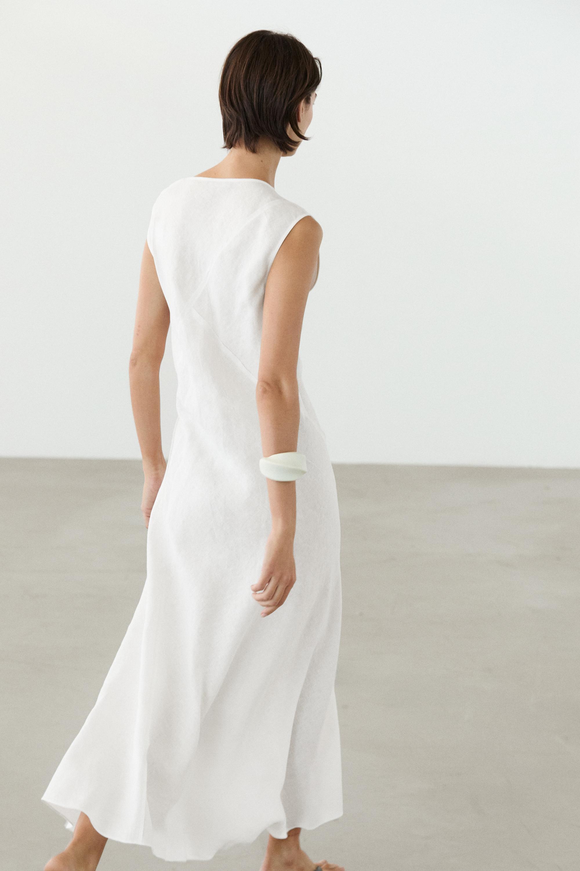 Flowing 100% linen midi dress — WHITE