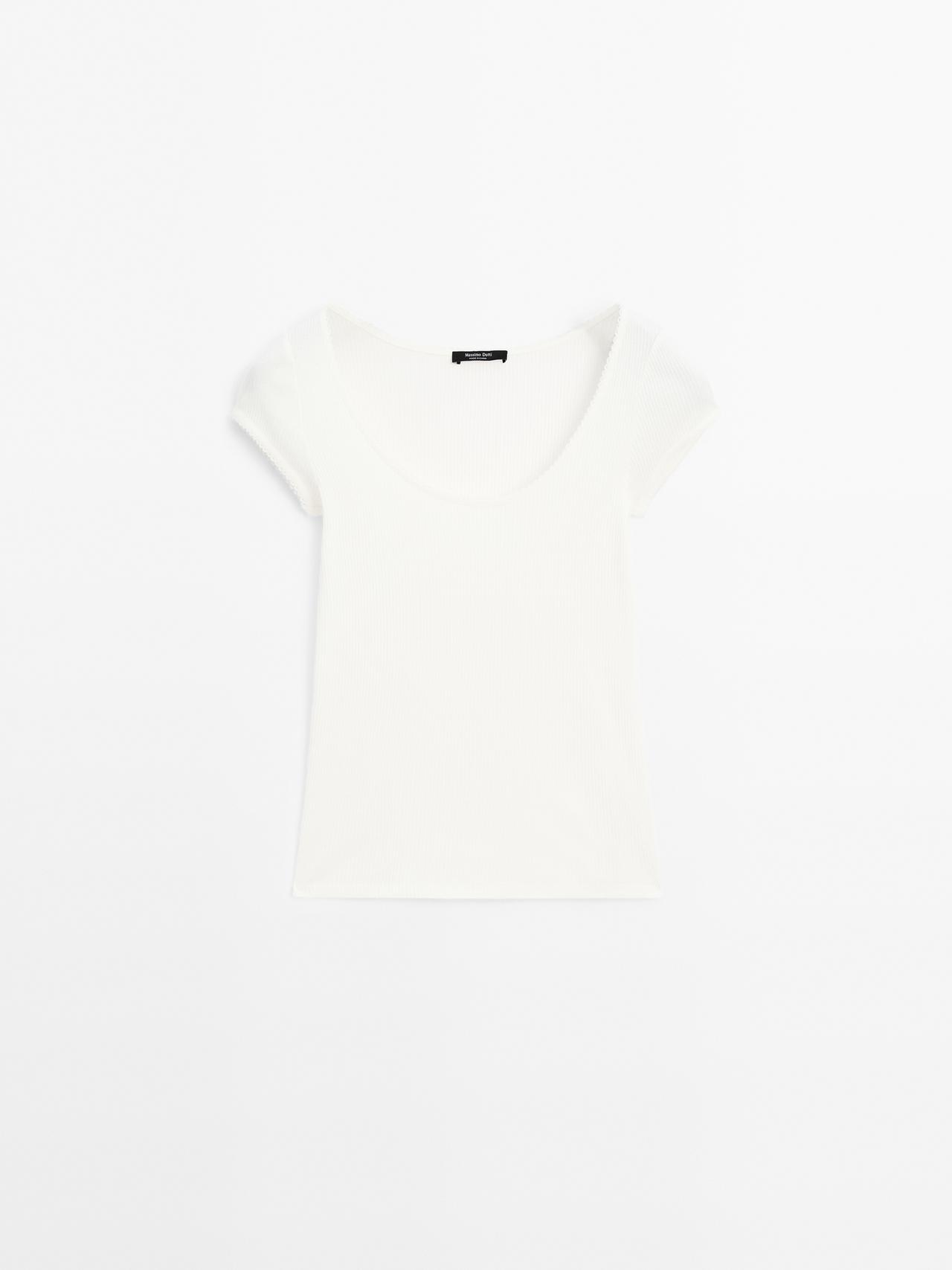 Massimo Dutti - Dame - T-Shirt I Bomuld Med Blondekant - Råhvid - M