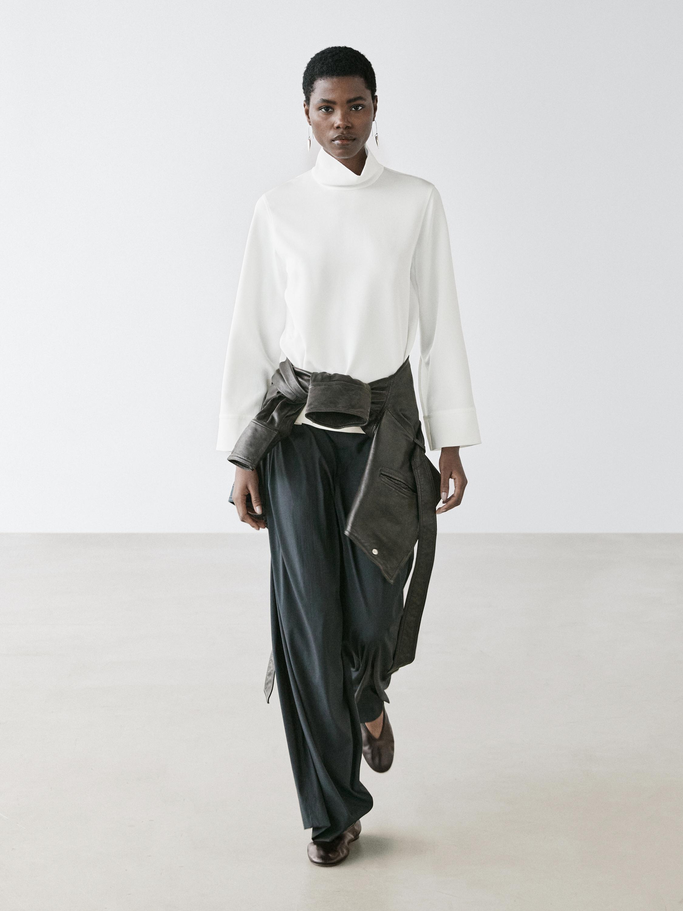 High neck blouse with hem detail — WHITE
