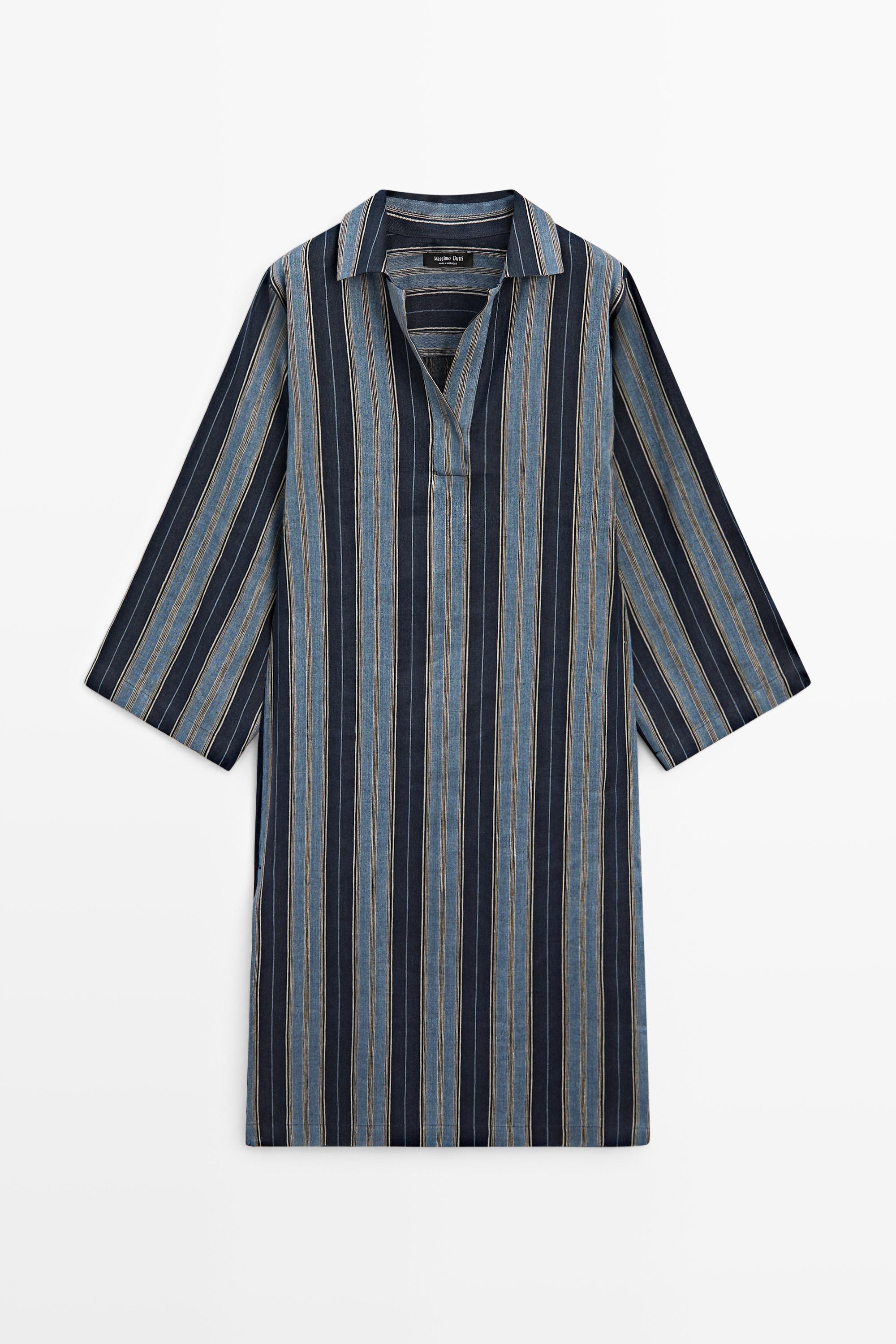 Striped linen cotton blend kaftan — BLUE