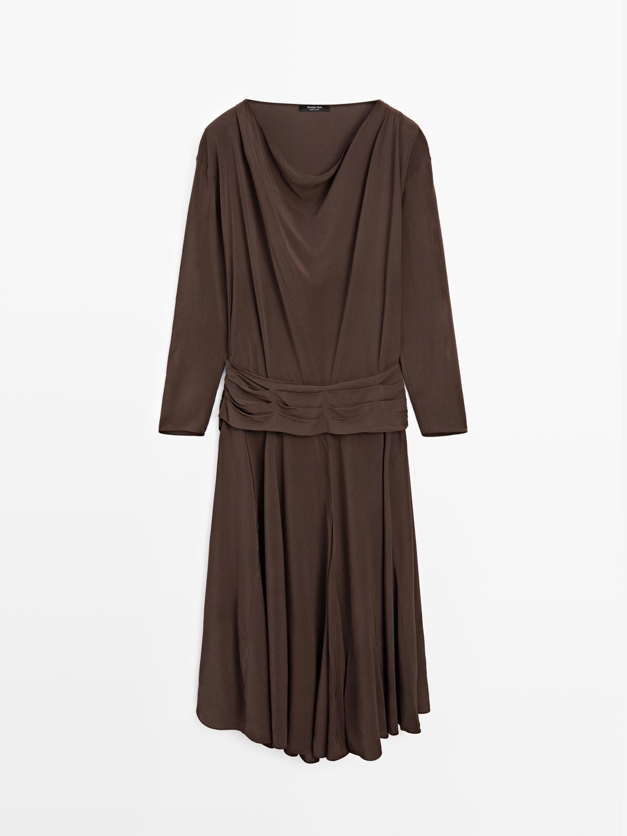 Massimo Dutti - Dame - Lang, Loose Fit Kjole Med Drapering Og Skærf - Granatrød - 36