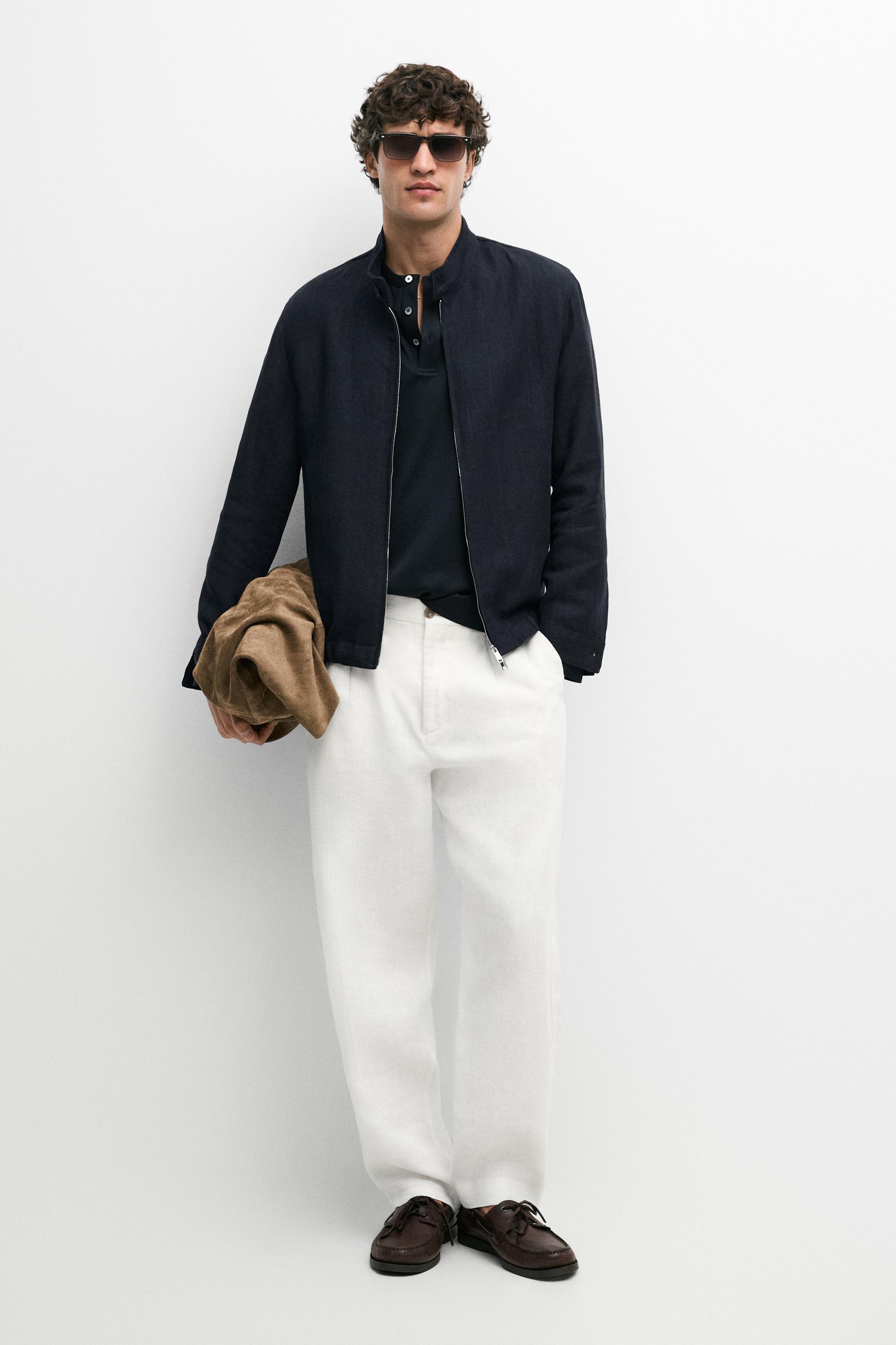 100% linen banded collar jacket — NAVY BLUE
