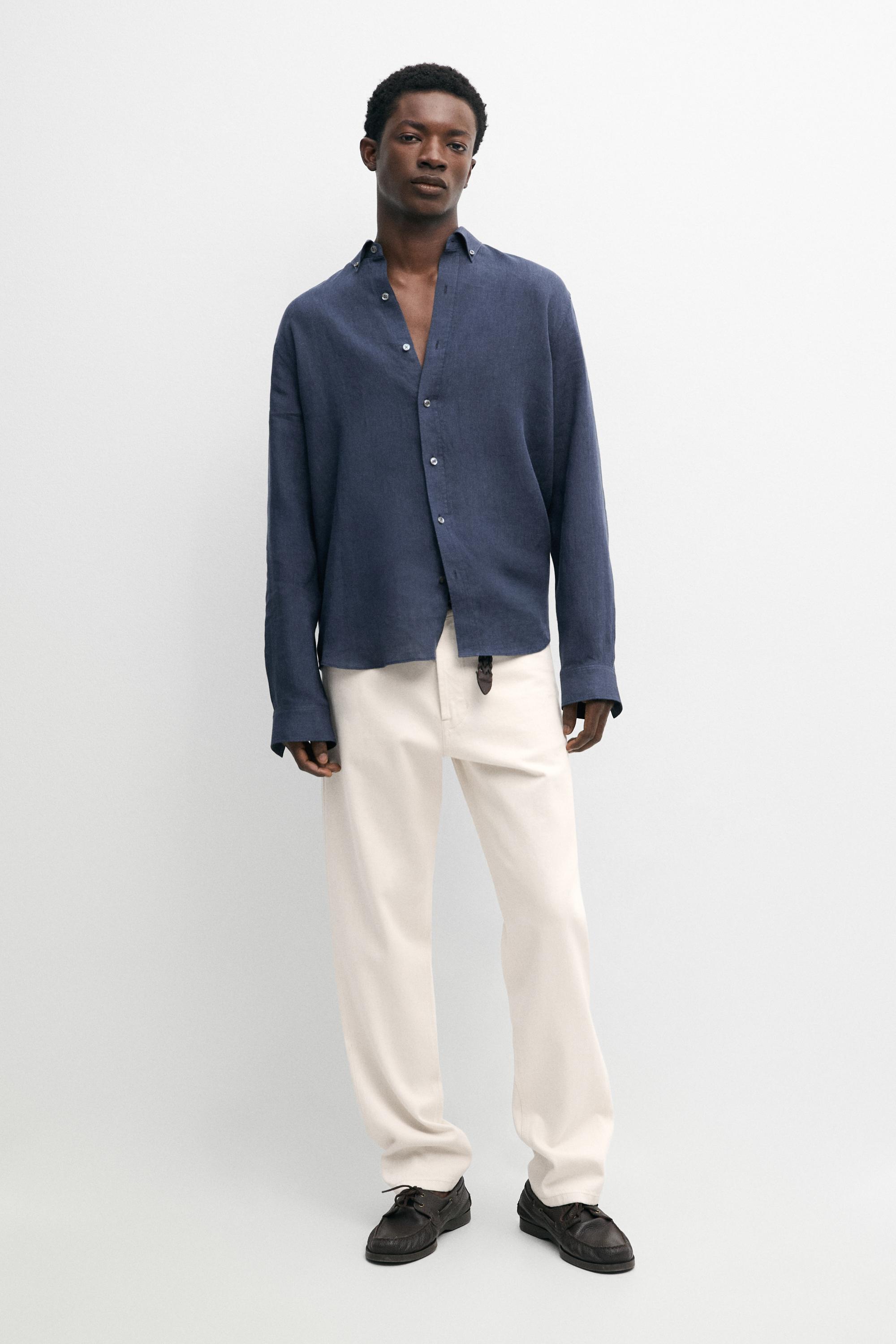 100% linen regular fit shirt — PETROL BLUE