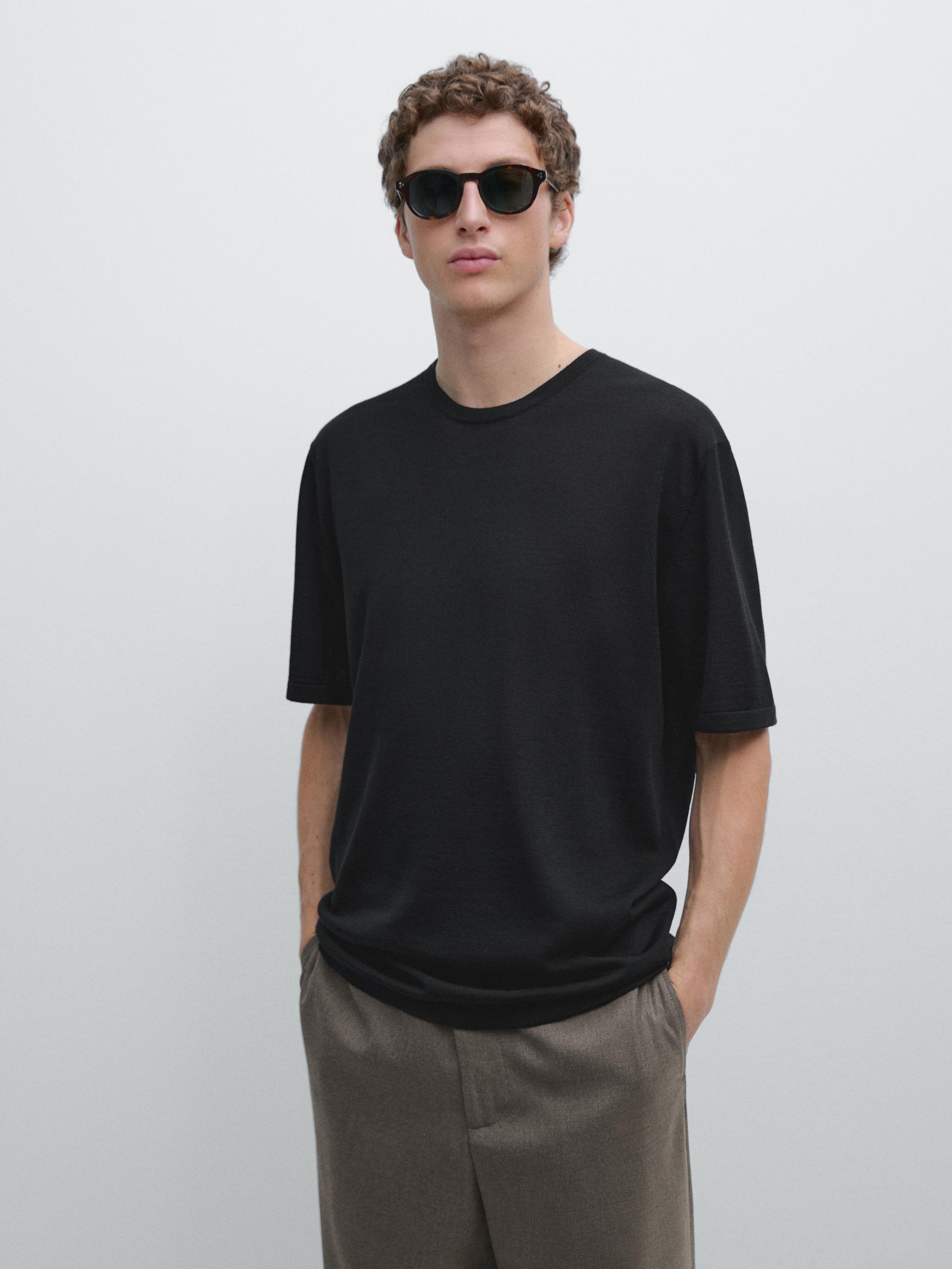 Wool-blend short-sleeve knit sweater — BLACK
