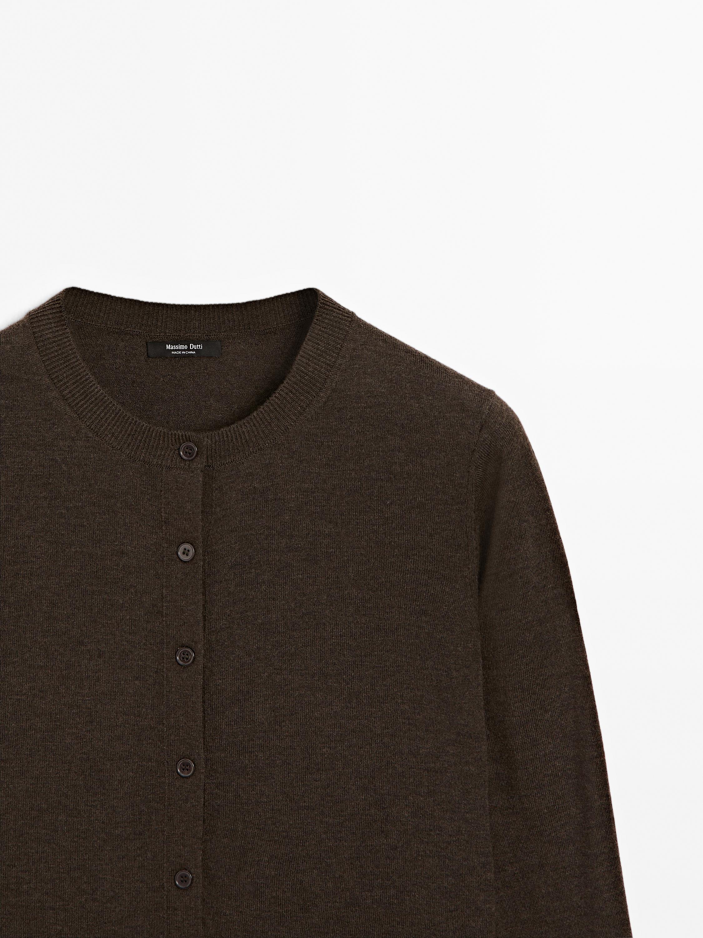 Wool blend knit cardigan with crew neck