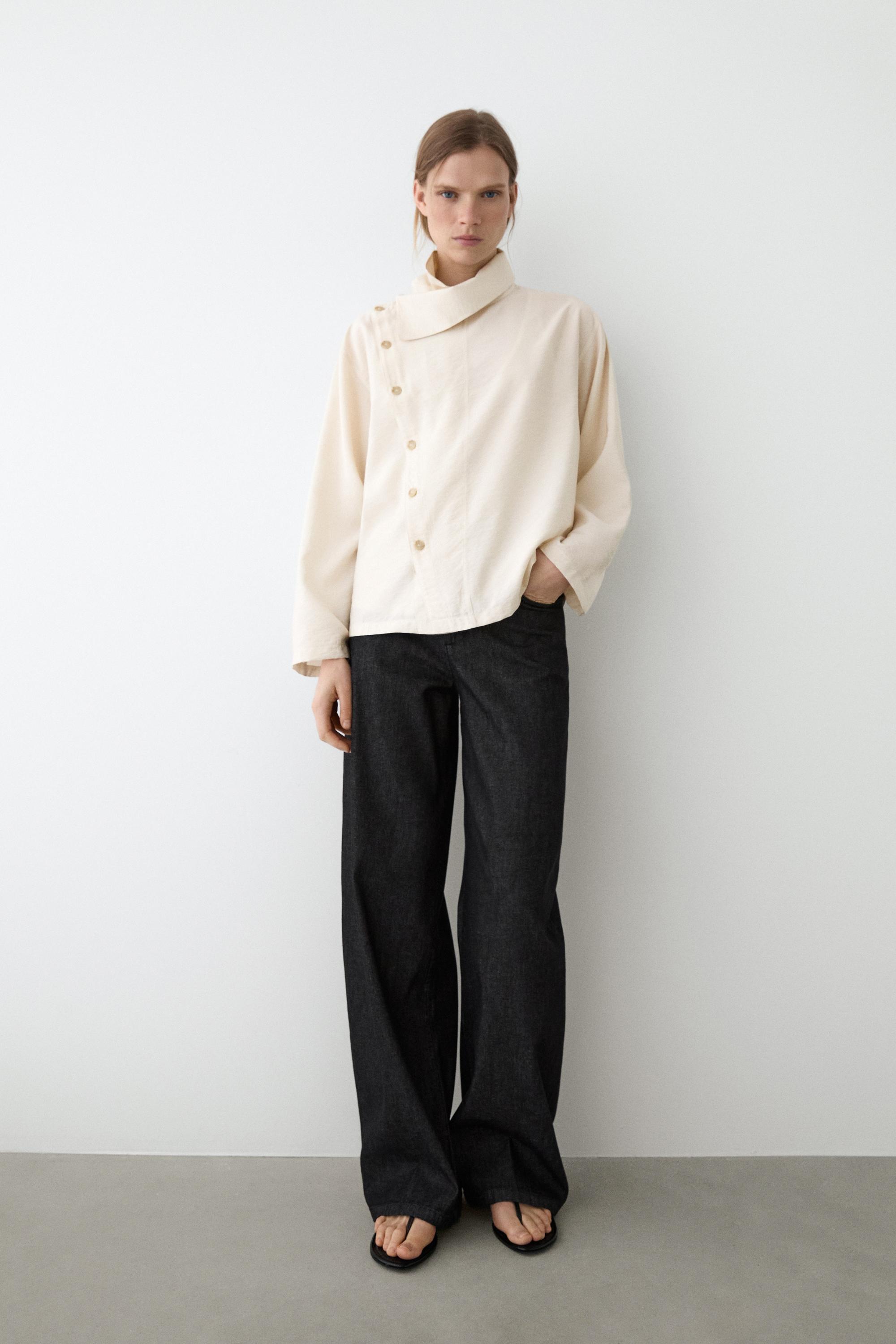 Flowing shirt with asymmetric buttons — BEIGE