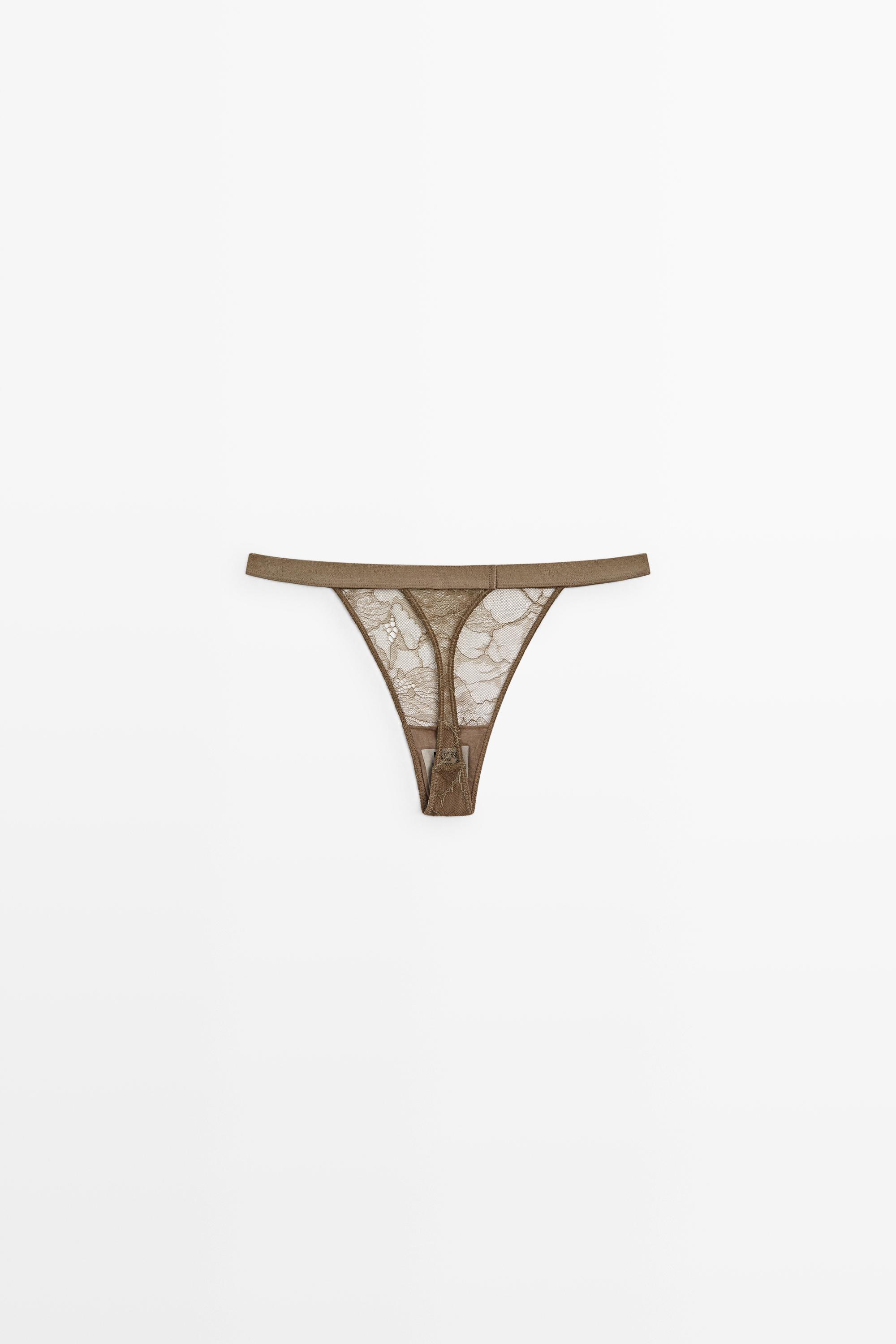 Elasticated floral lace thong — MINK