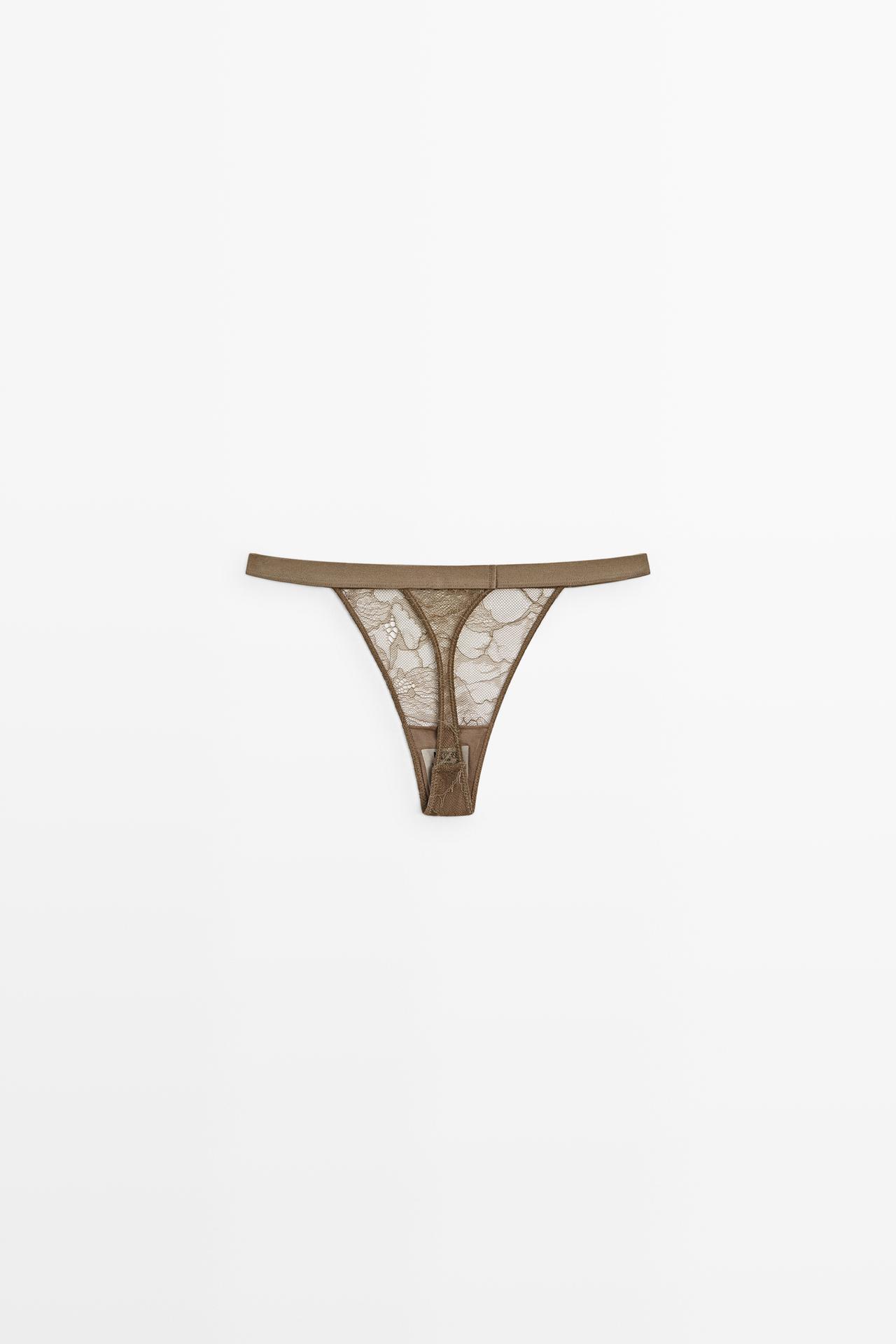 Elasticated floral lace thong — MINK
