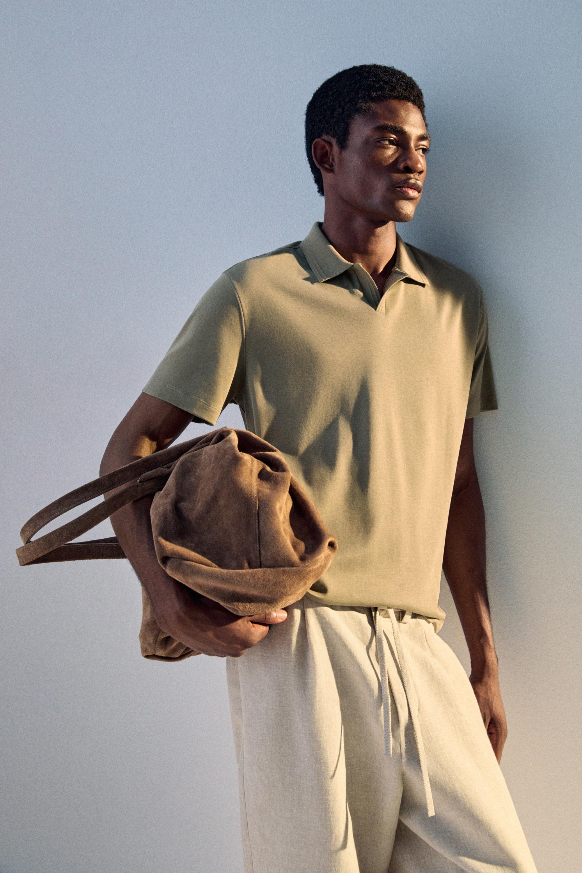 100% cotton V-neck knit polo — MOSS GREEN