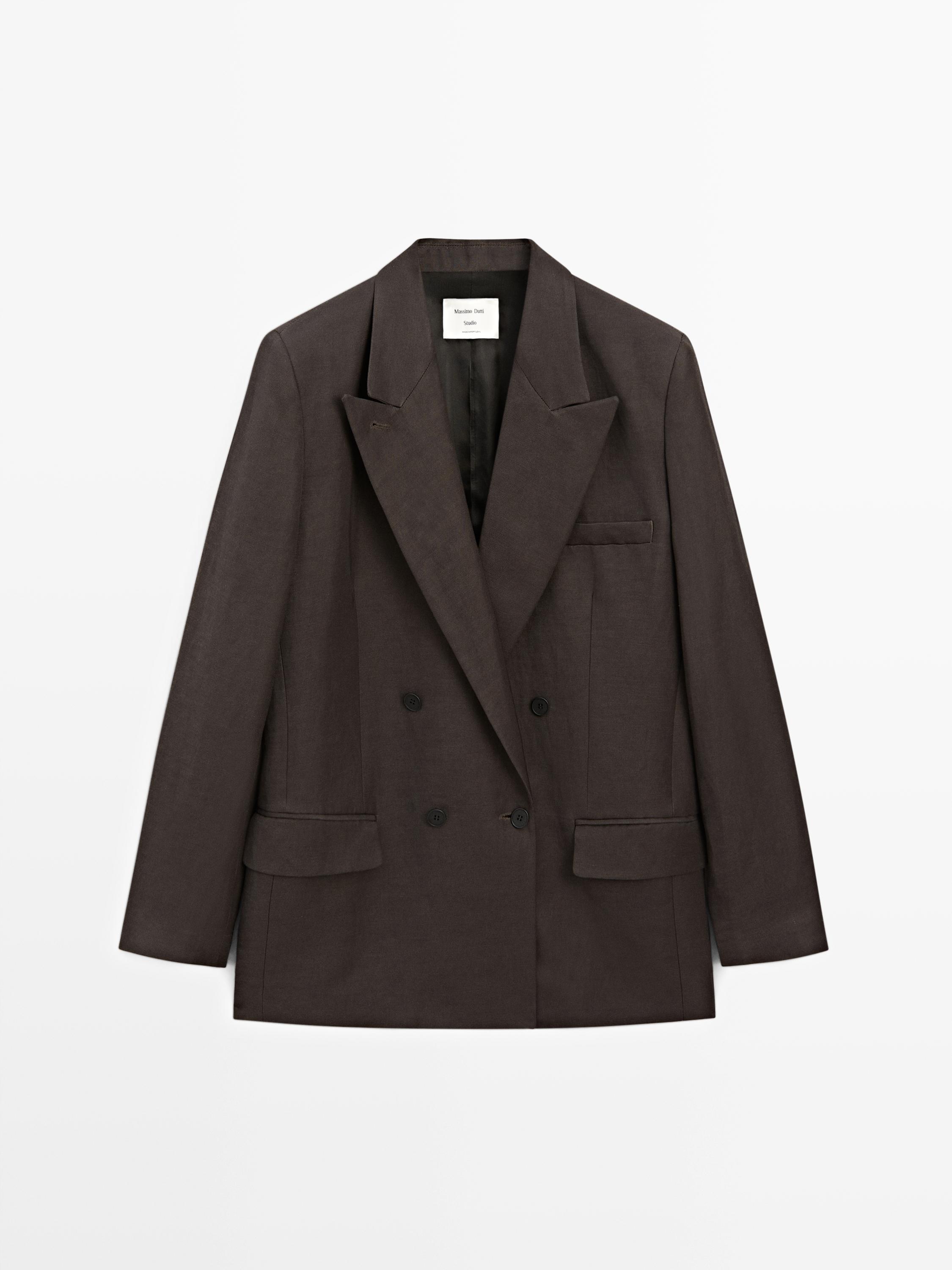Double-breasted linen blend blazer - STUDIO — BROWN