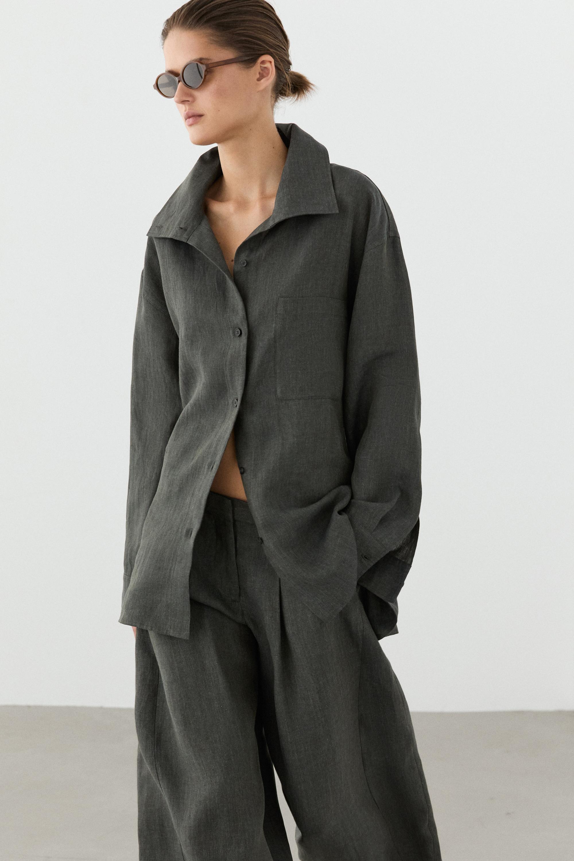Melange linen overshirt with buckles — BLUISH GREEN