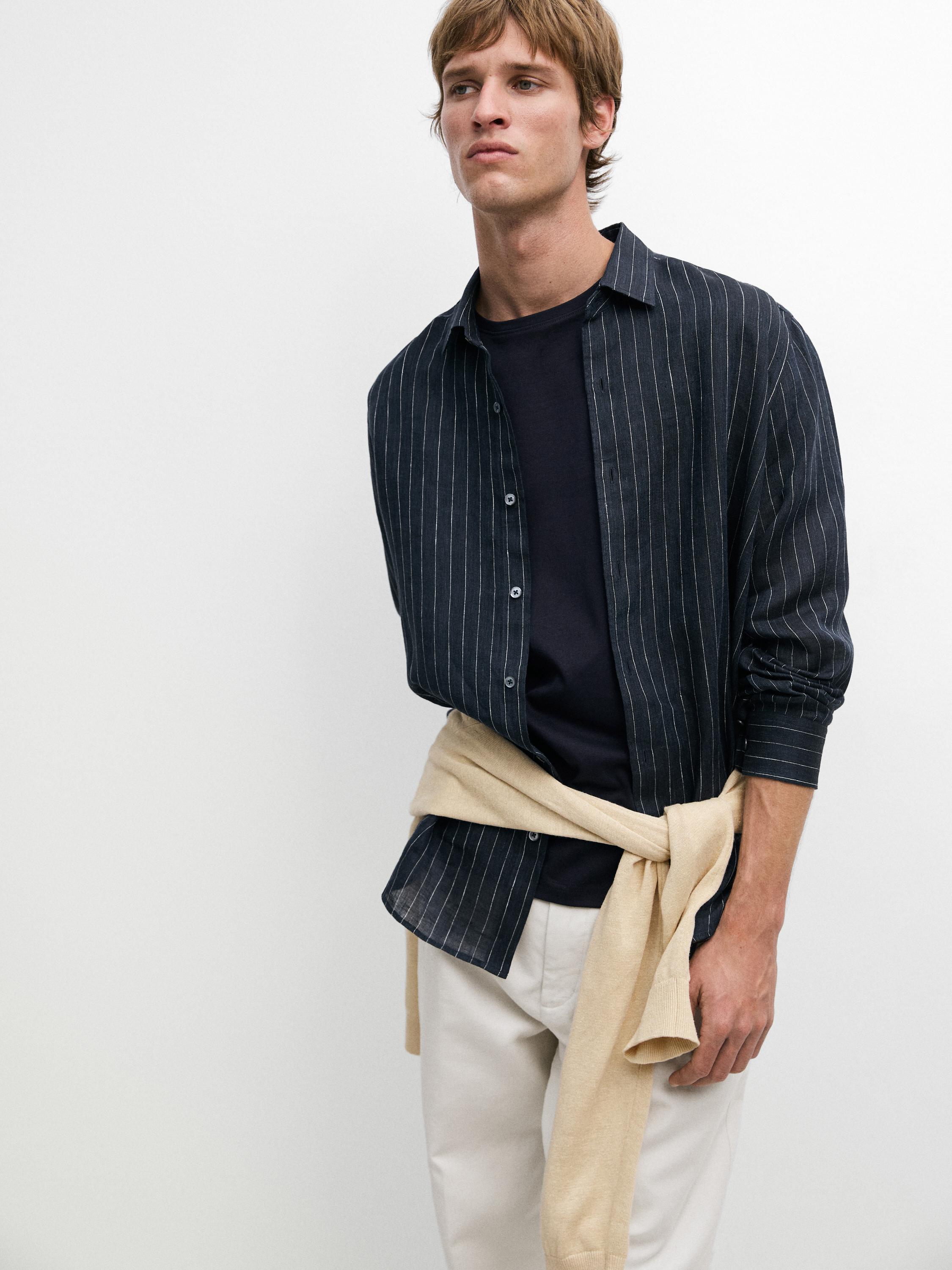 Regular fit striped linen shirt — NAVY BLUE