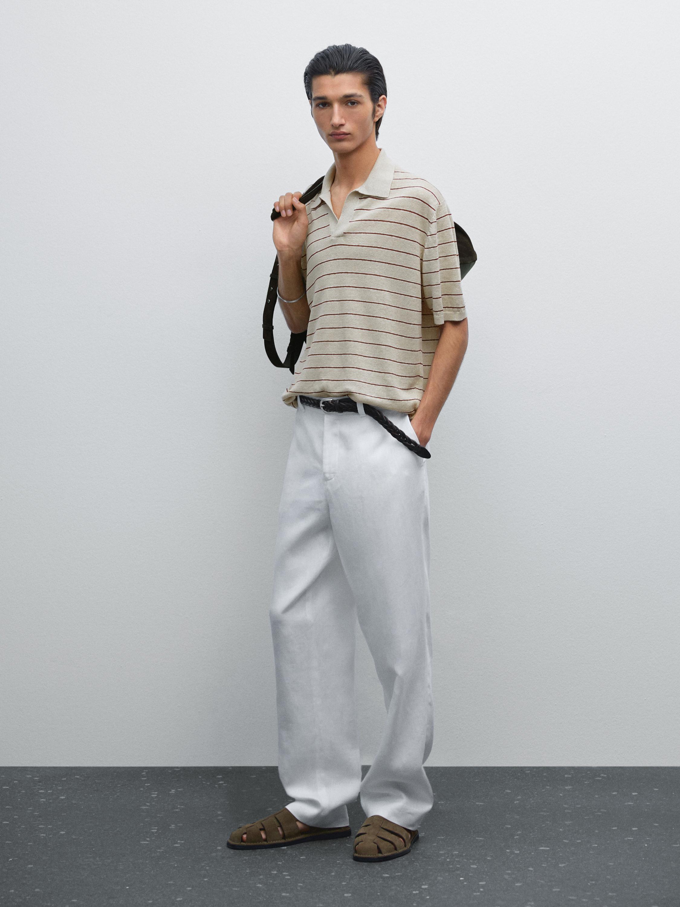 قميص بولو مخطط محاك من الكتان