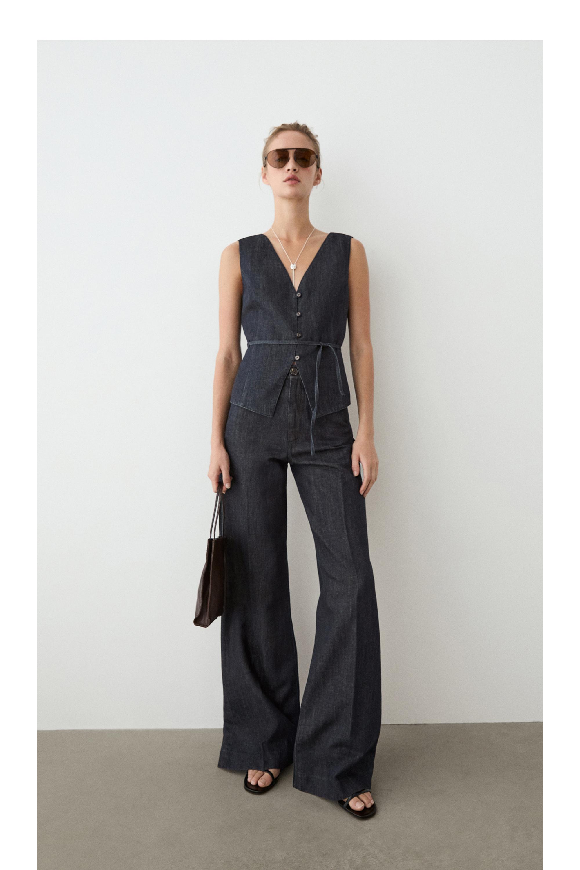 High-waist palazzo denim pants co-ord — DARK BLUE