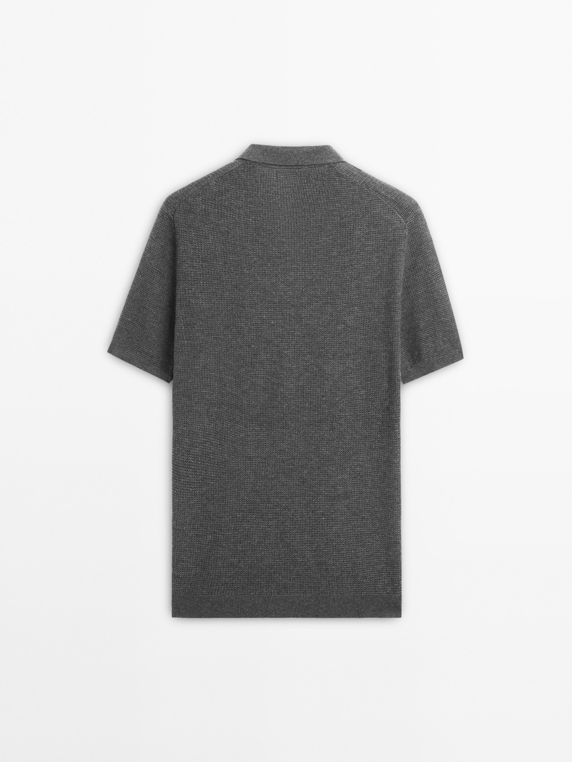 Linen blend textured knit polo shirt