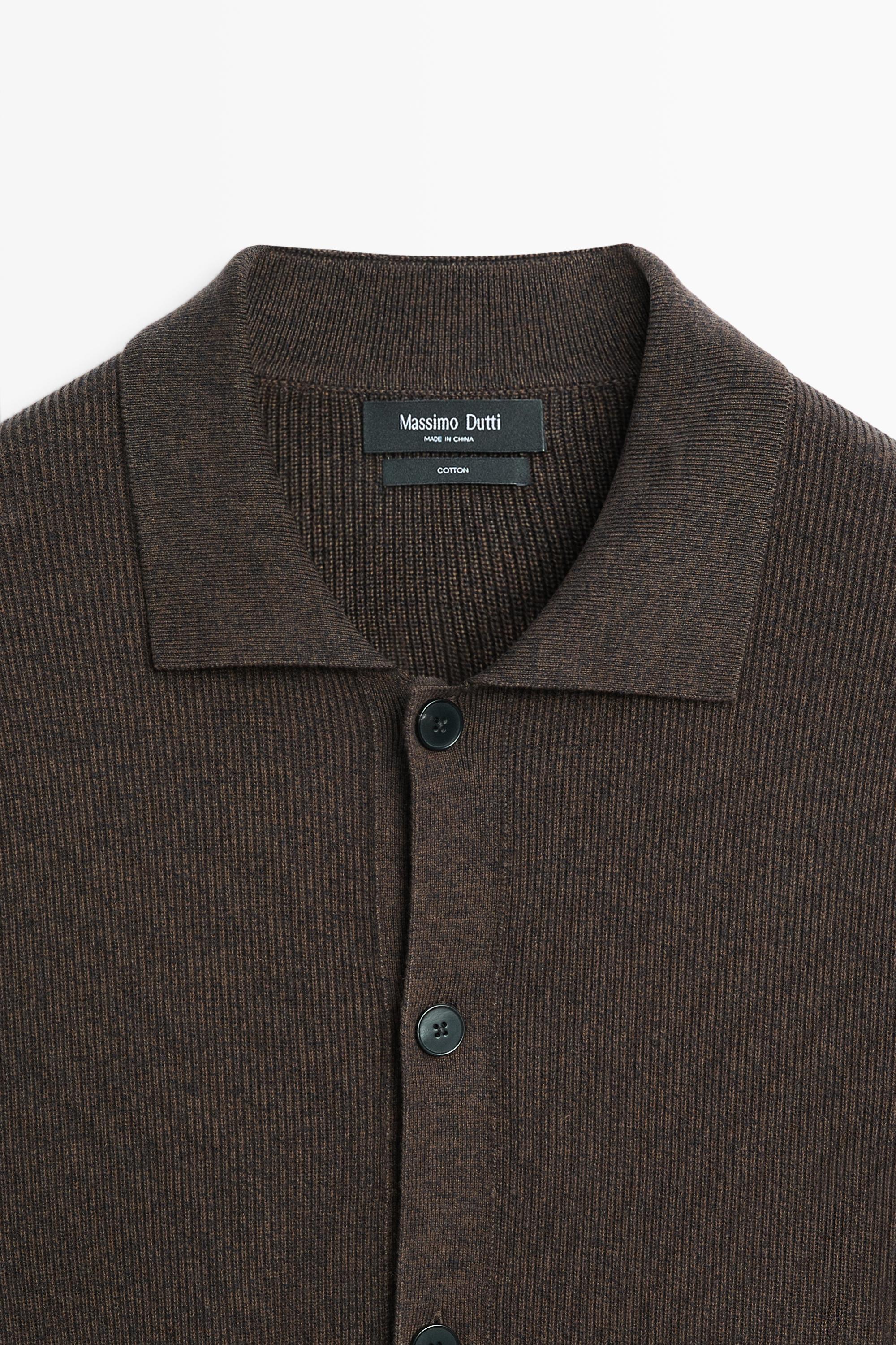 100% cotton polo collar knit cardigan — BROWN