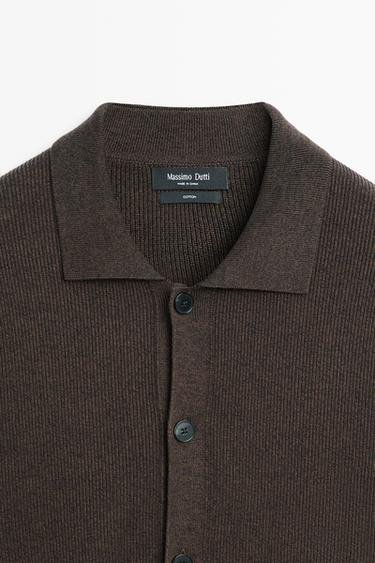 100% cotton polo collar knit cardigan — BROWN 4