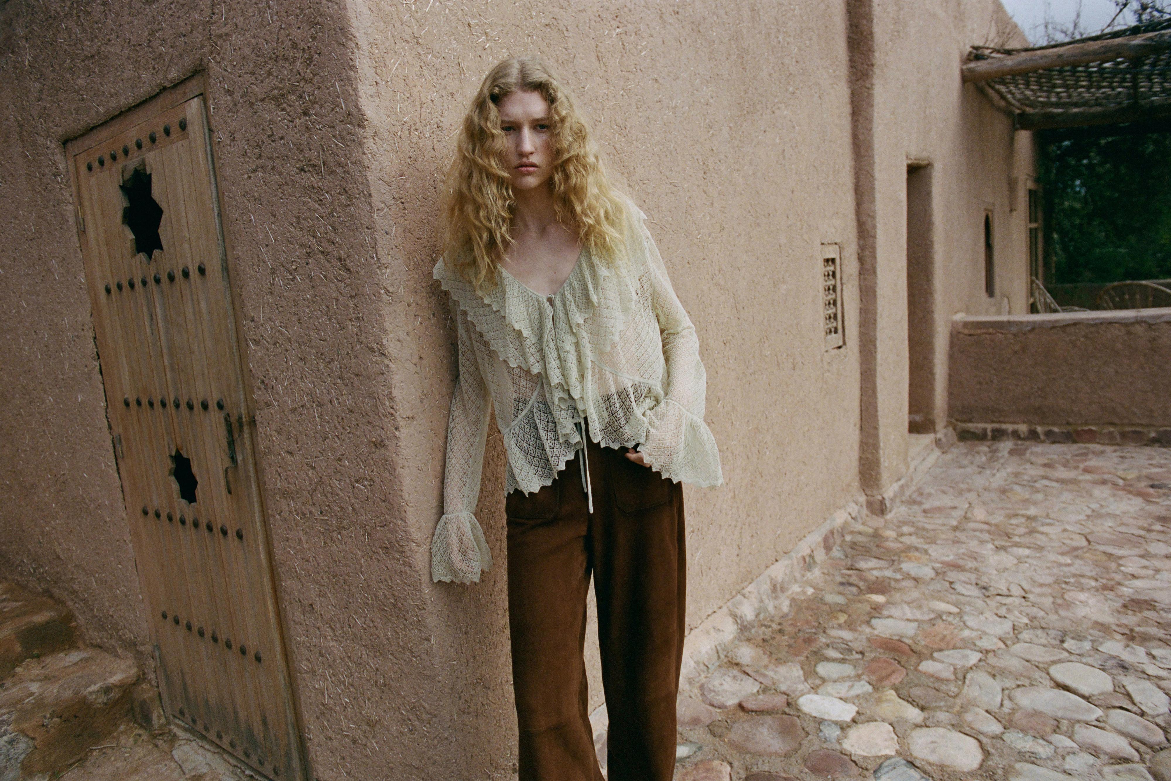 Suede leather wide-leg trousers with pockets — BROWN