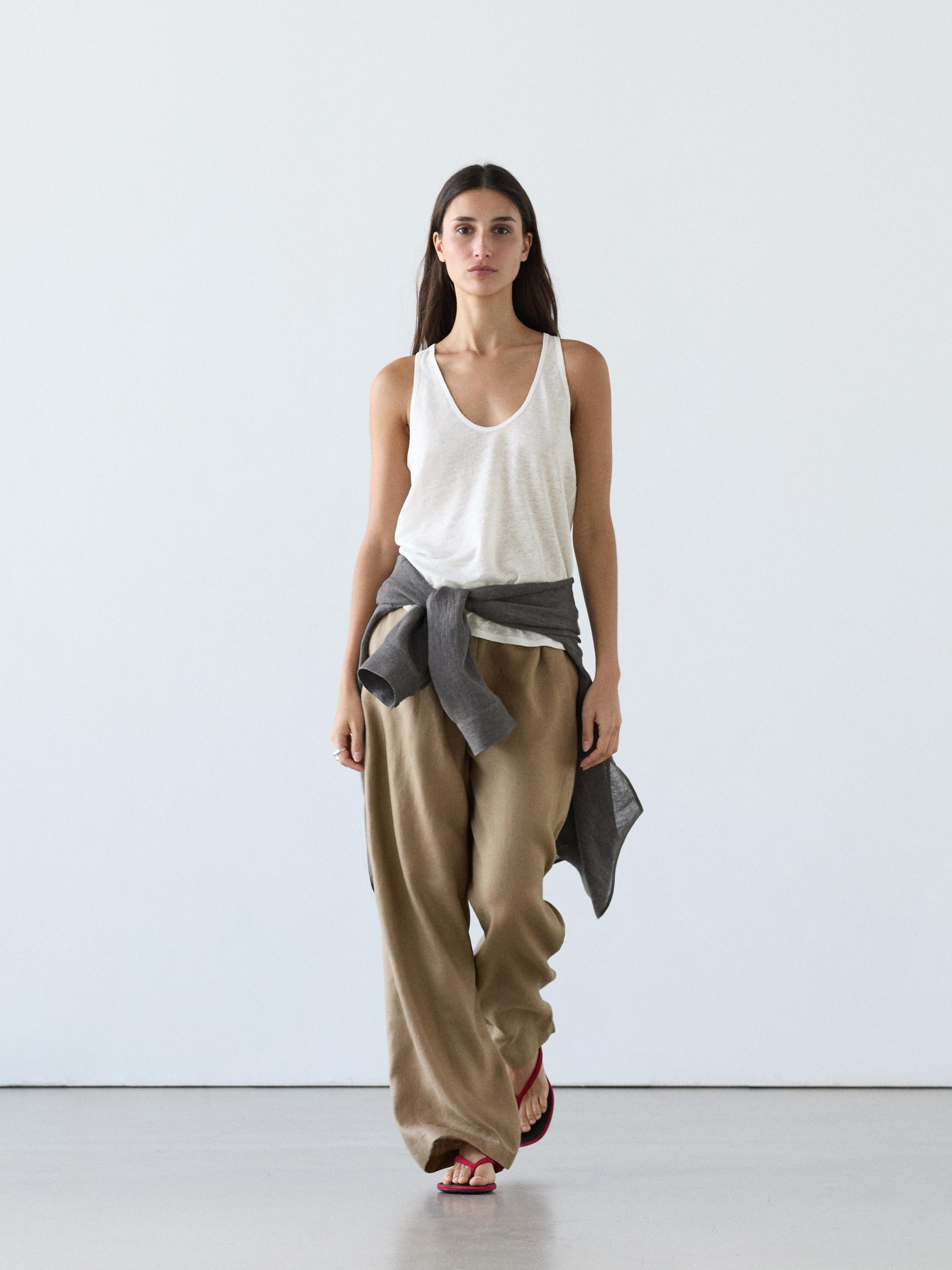 100% linen wide-leg elasticated trousers — PALE GREEN