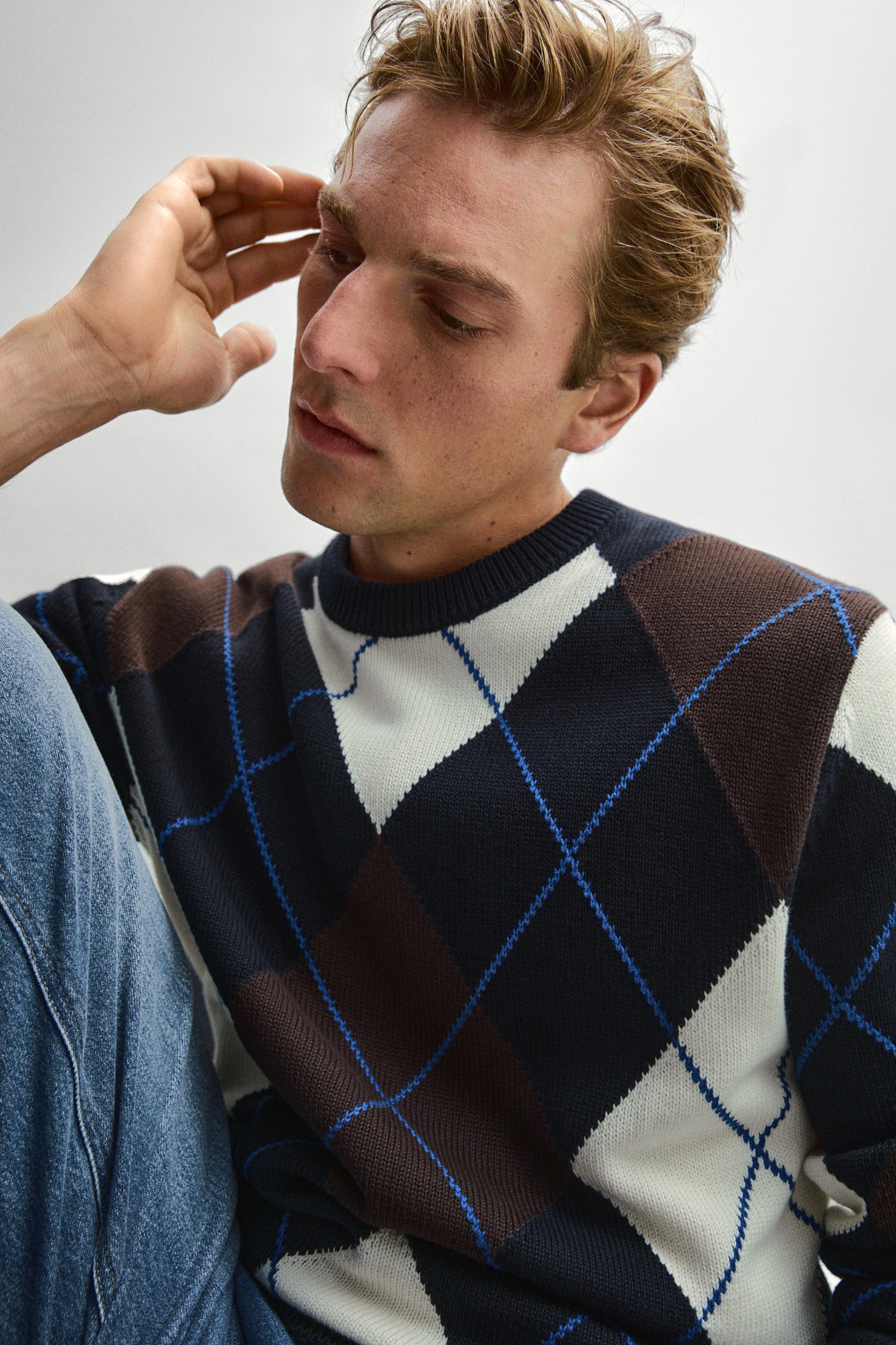 100% Cotton Argyle Knit Sweater