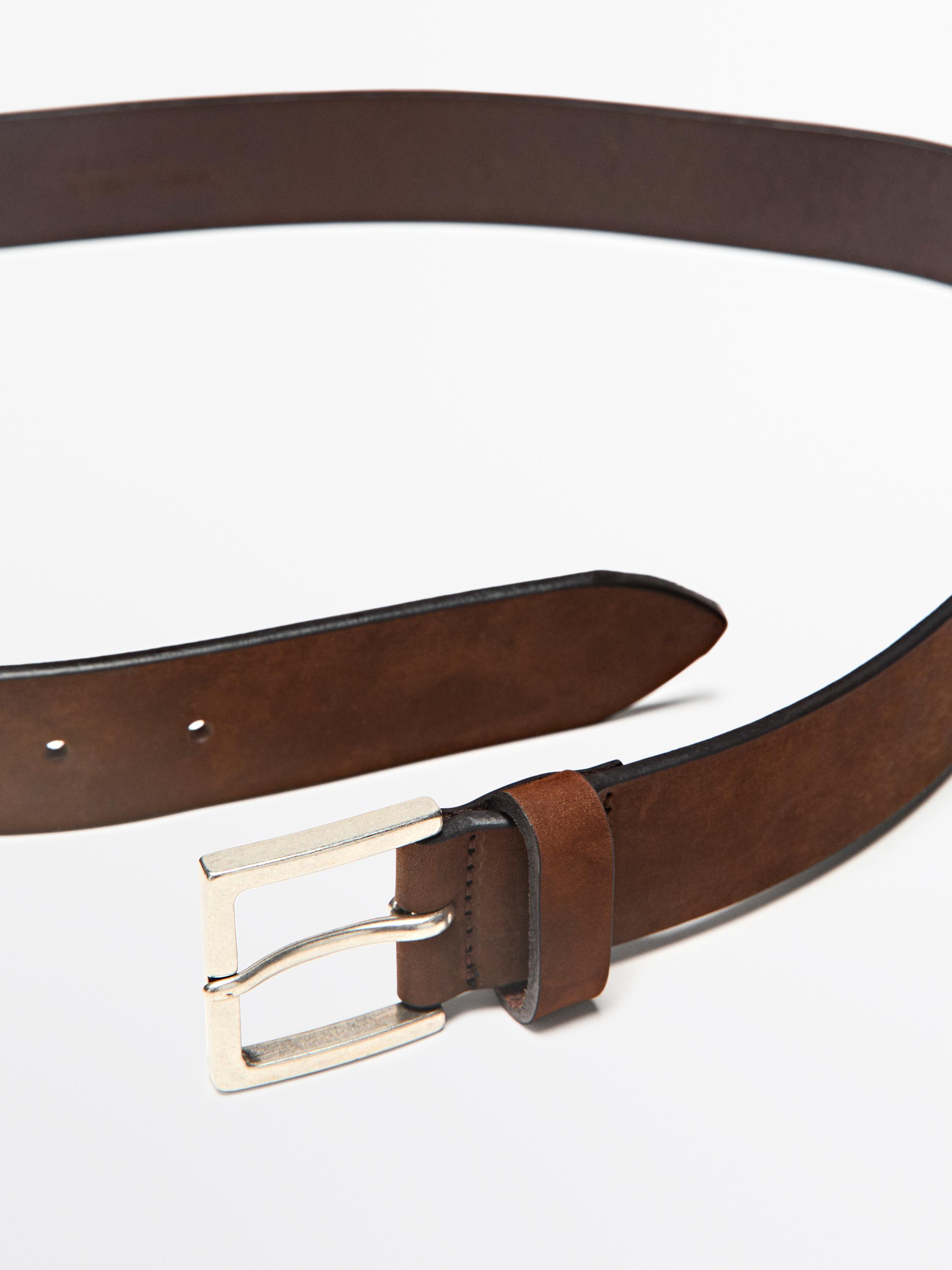 Leather belt with square buckle — BROWN