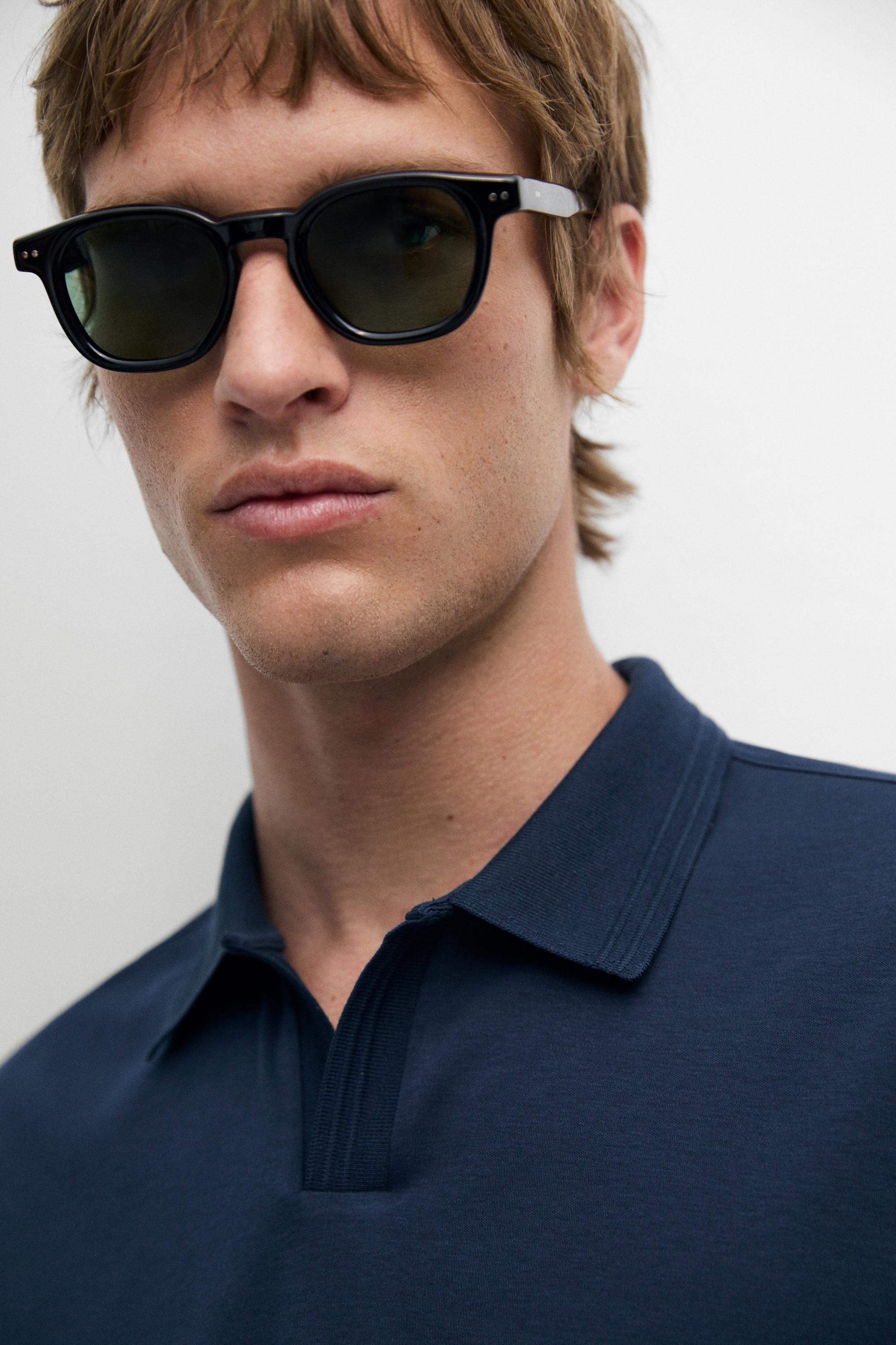 100% cotton V-neck knit polo — BLUE