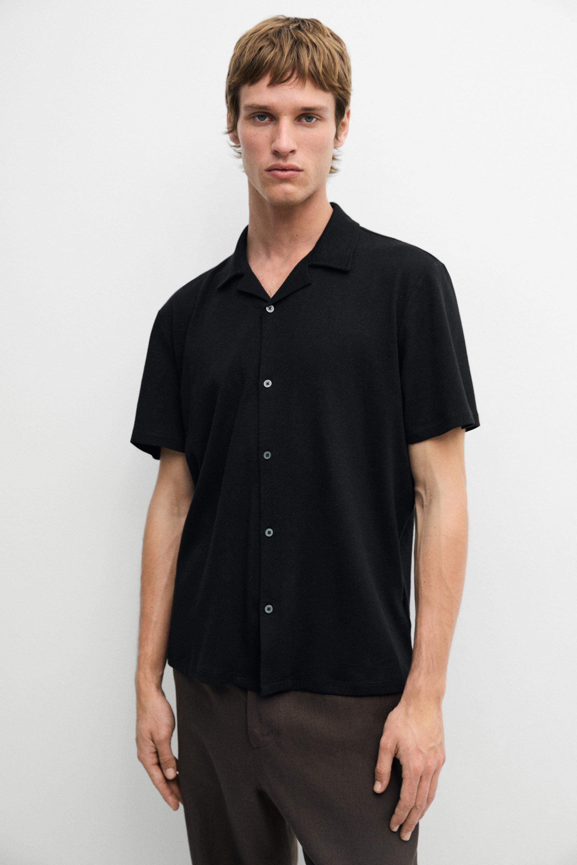 Regular fit short sleeve linen-cotton blend shirt — BLACK