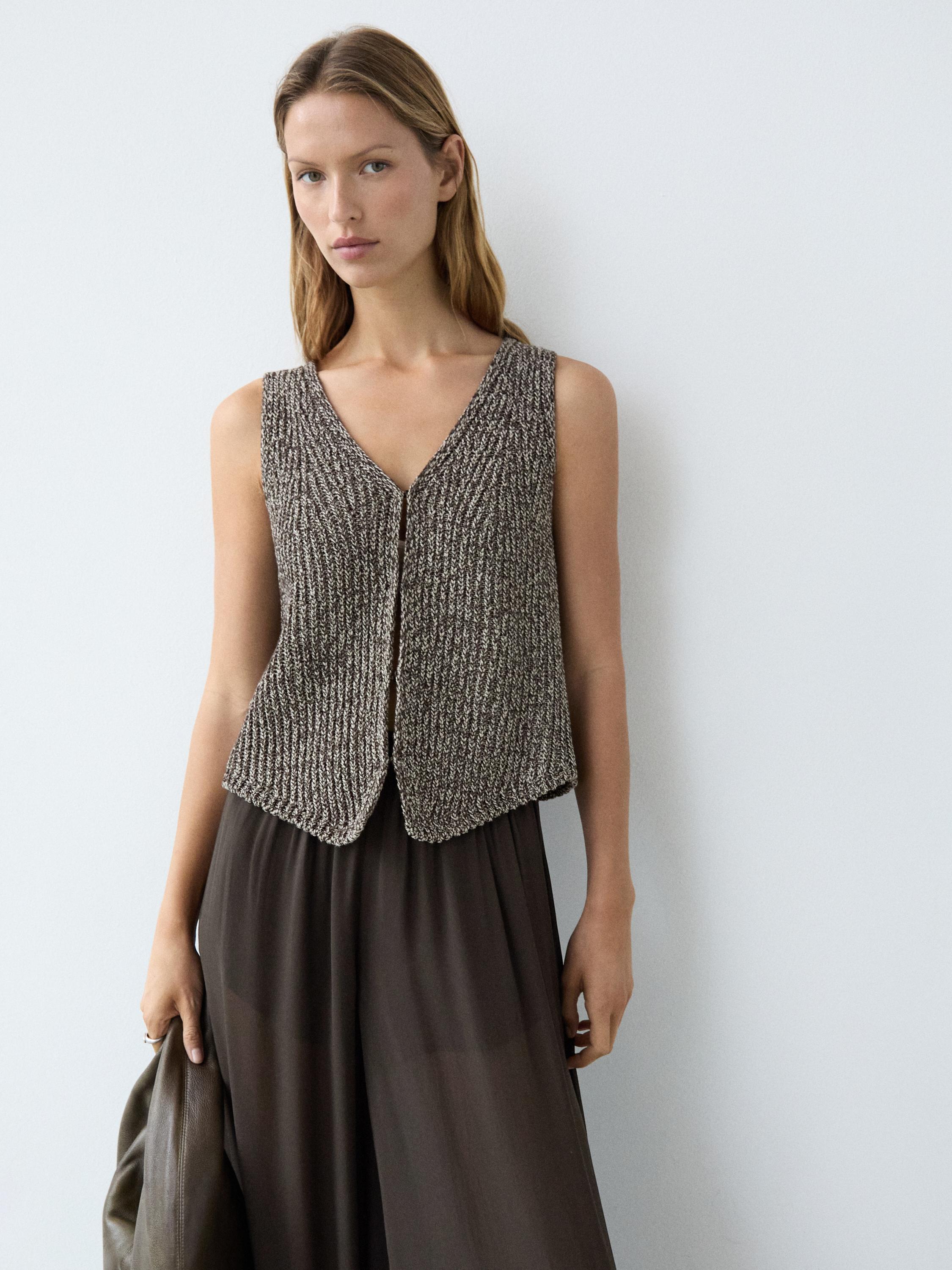Cotton blend V-neck knit vest — BROWN MARL