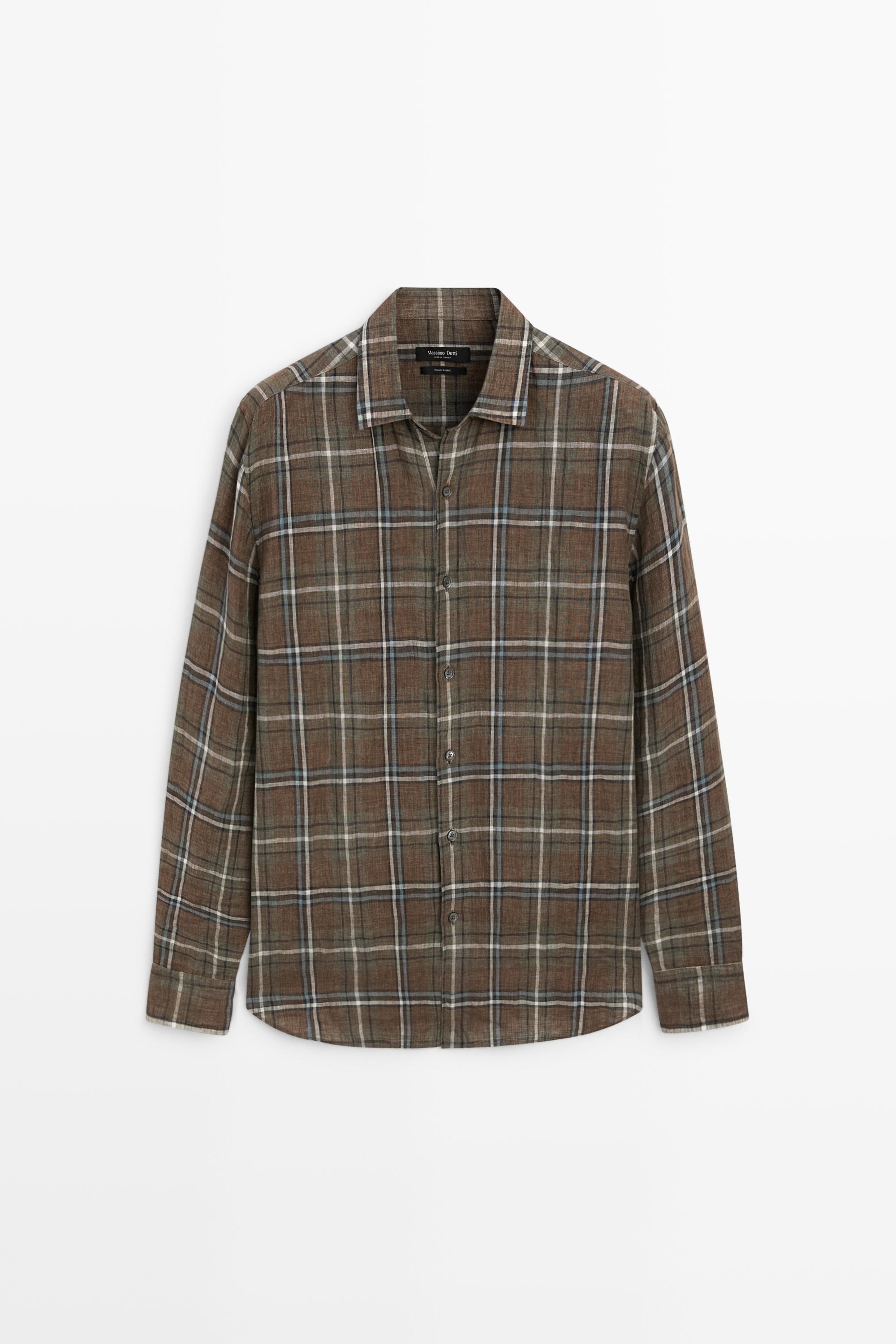 100% linen regular fit check shirt — GREEN