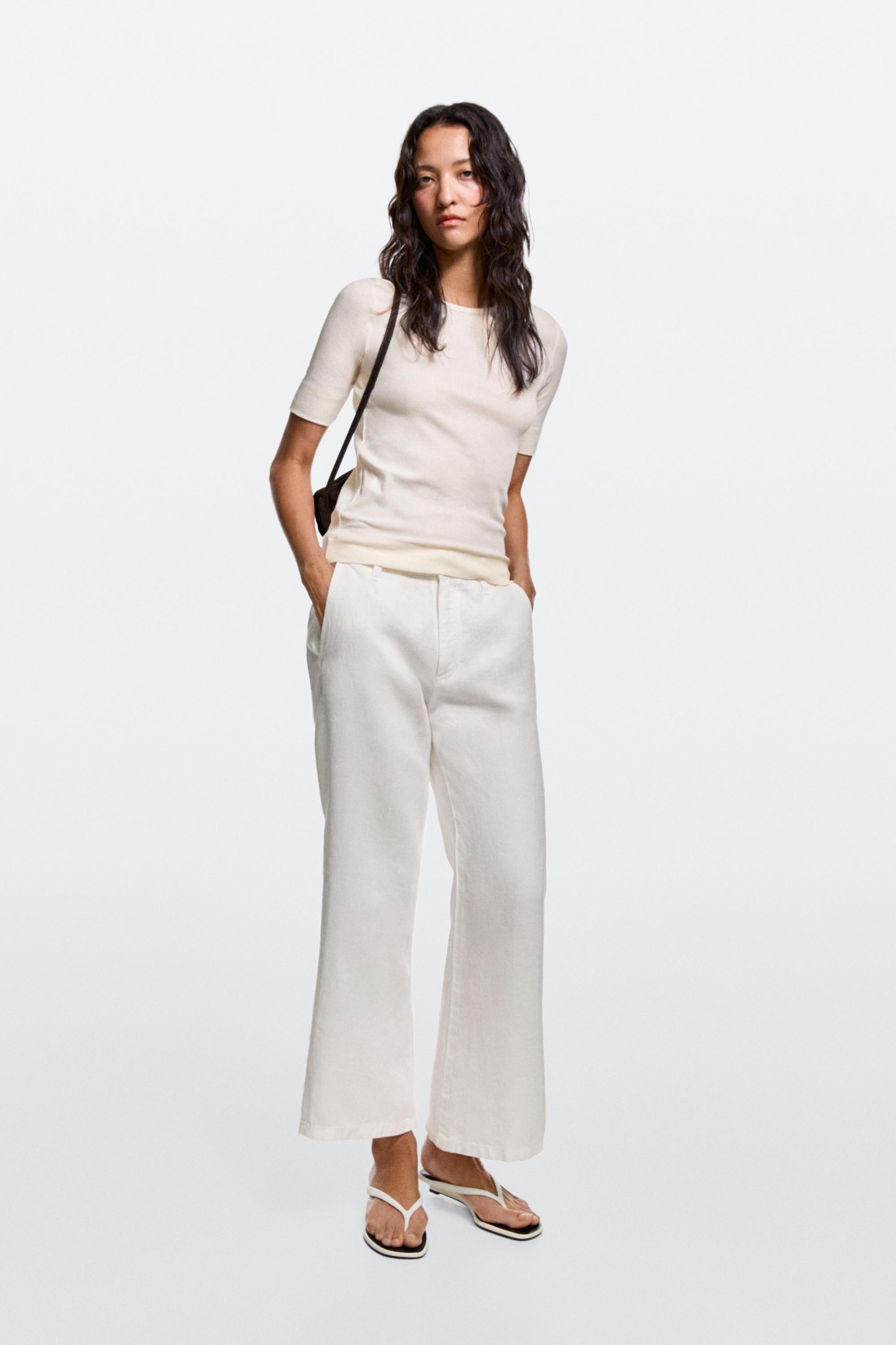 Pantalón flare fit cropped 100% lino