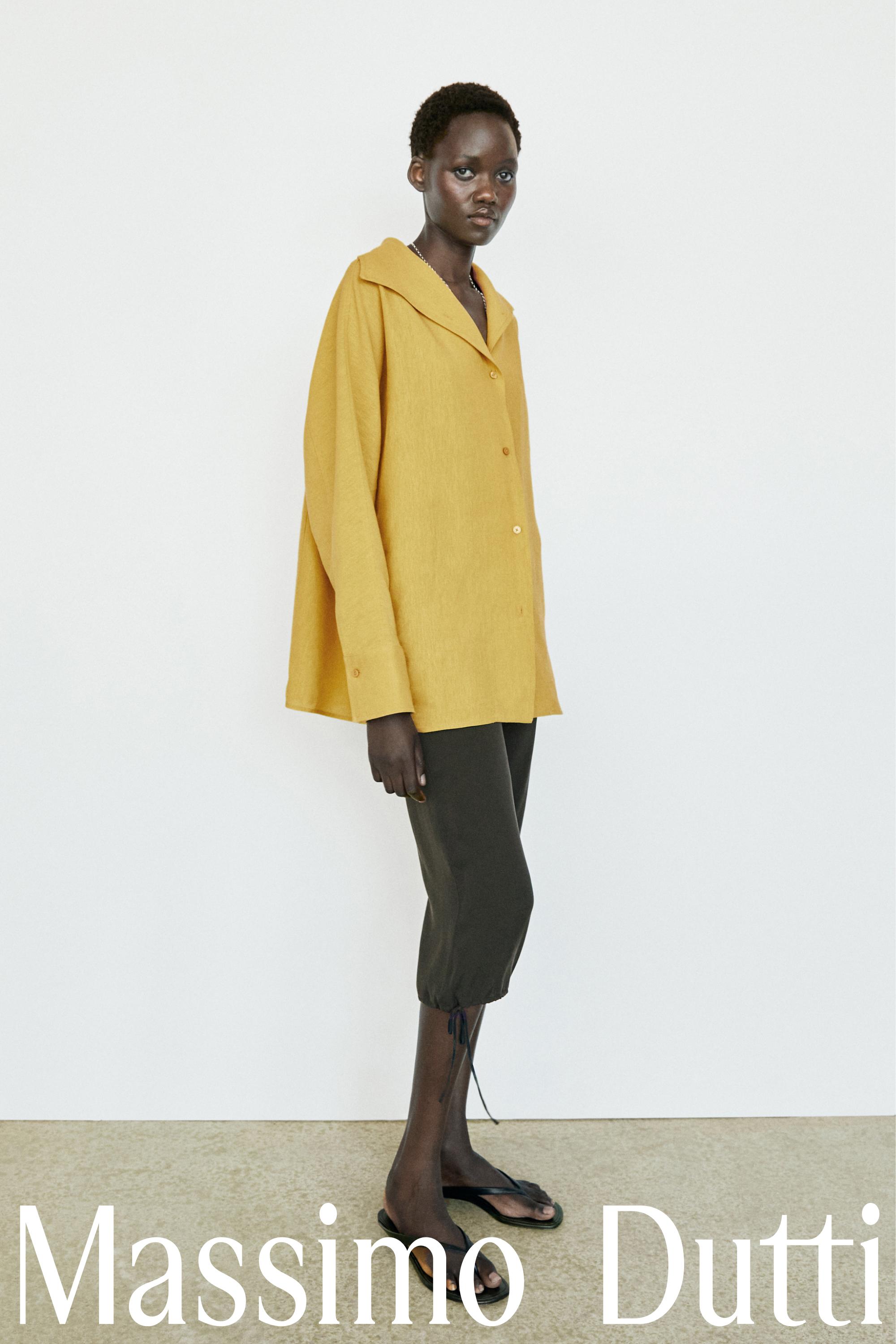 Flowing linen blend shirt with statement collar — MUSTARD YELLOW