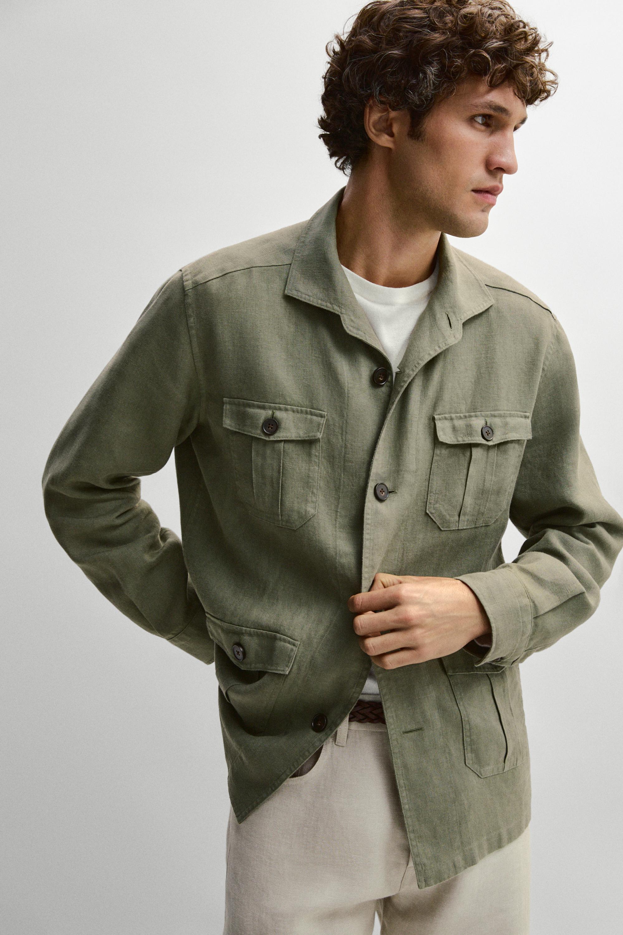 Heavy linen overshirt with pocket details — DARK GREEN