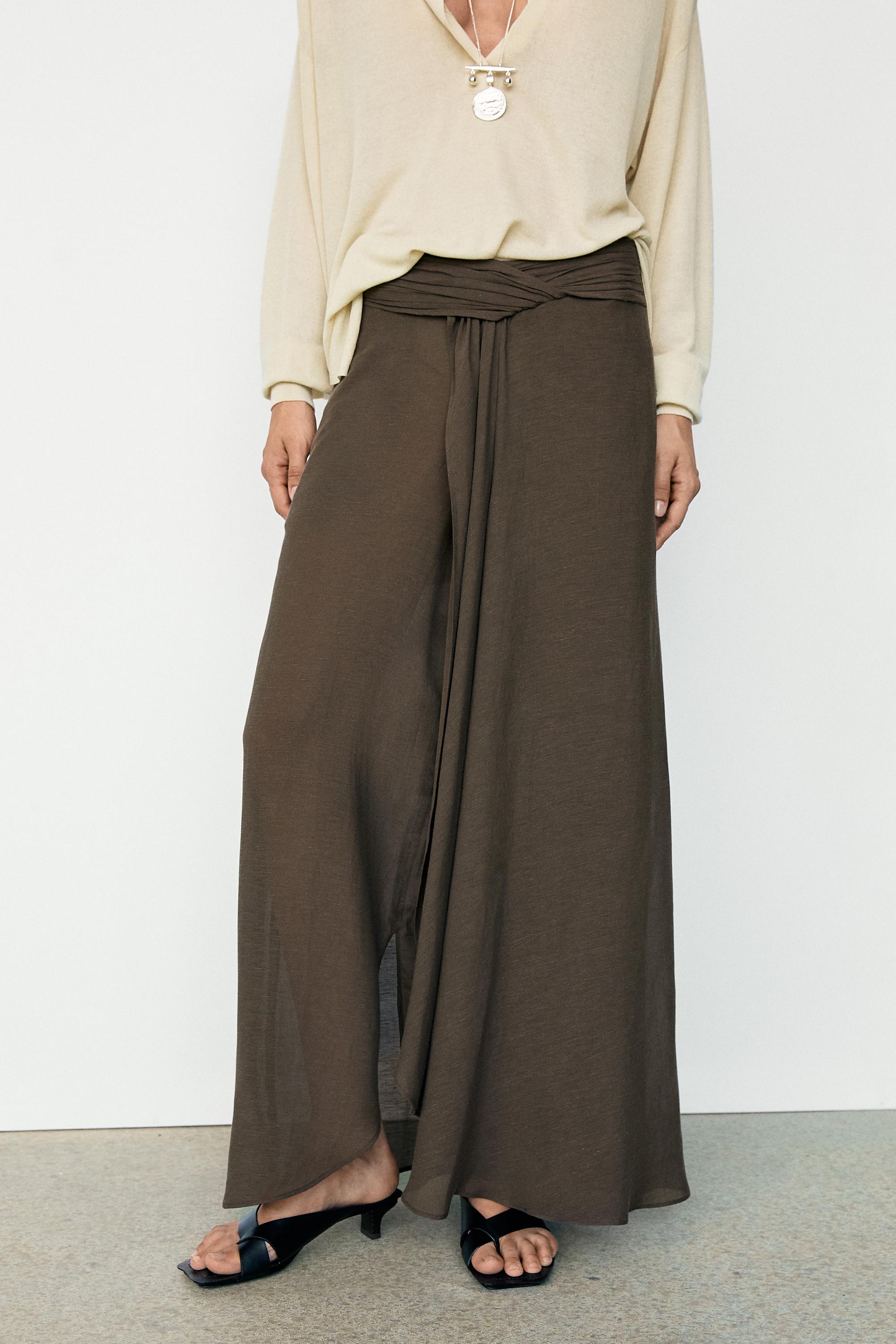Semi-sheer linen blend skort — BROWN