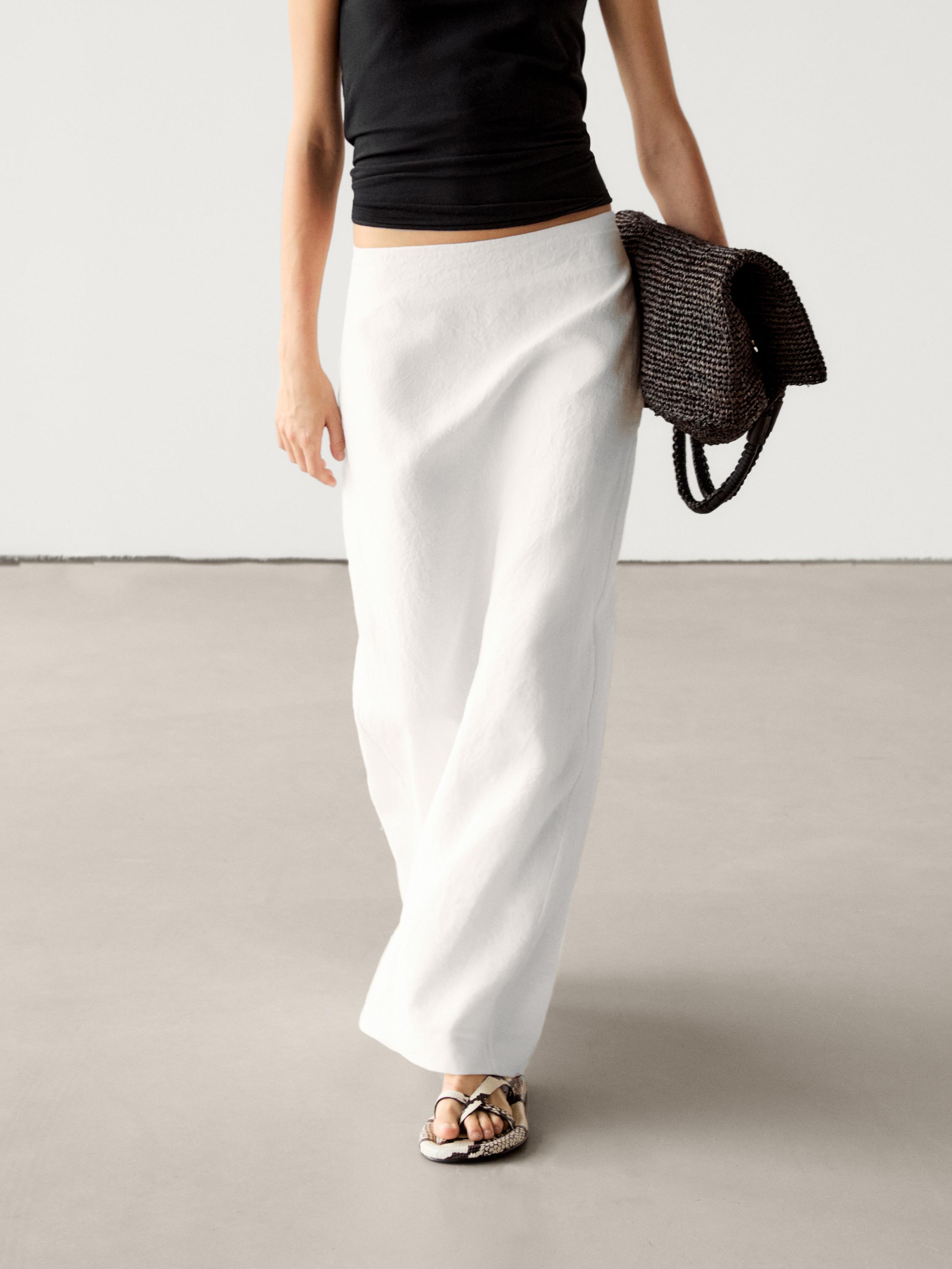 Long linen blend skirt with back slit White Smart Skirts Massimo Dutti