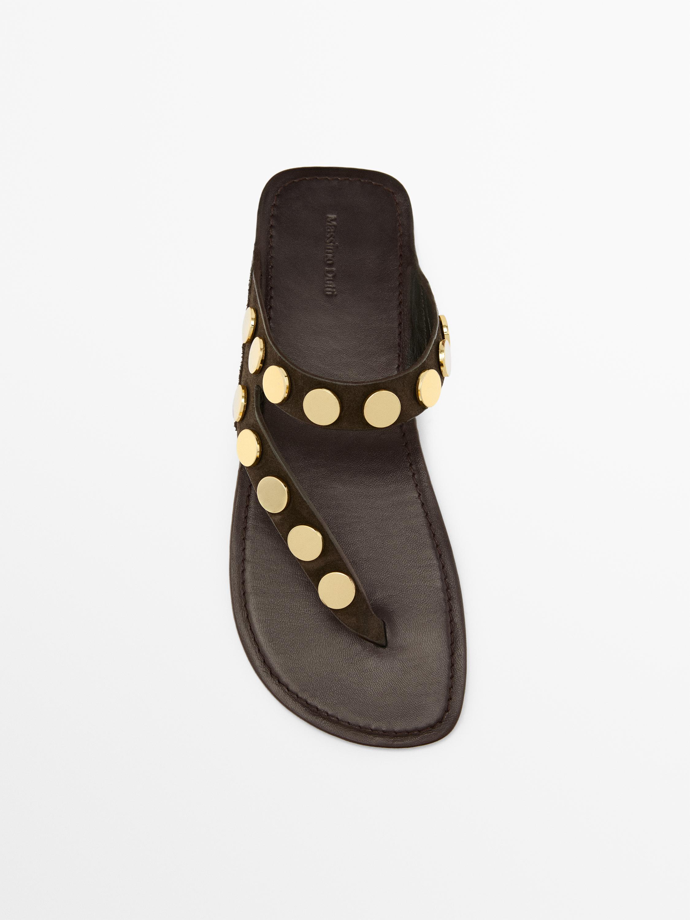 Metallic studded flat sandals — BROWN