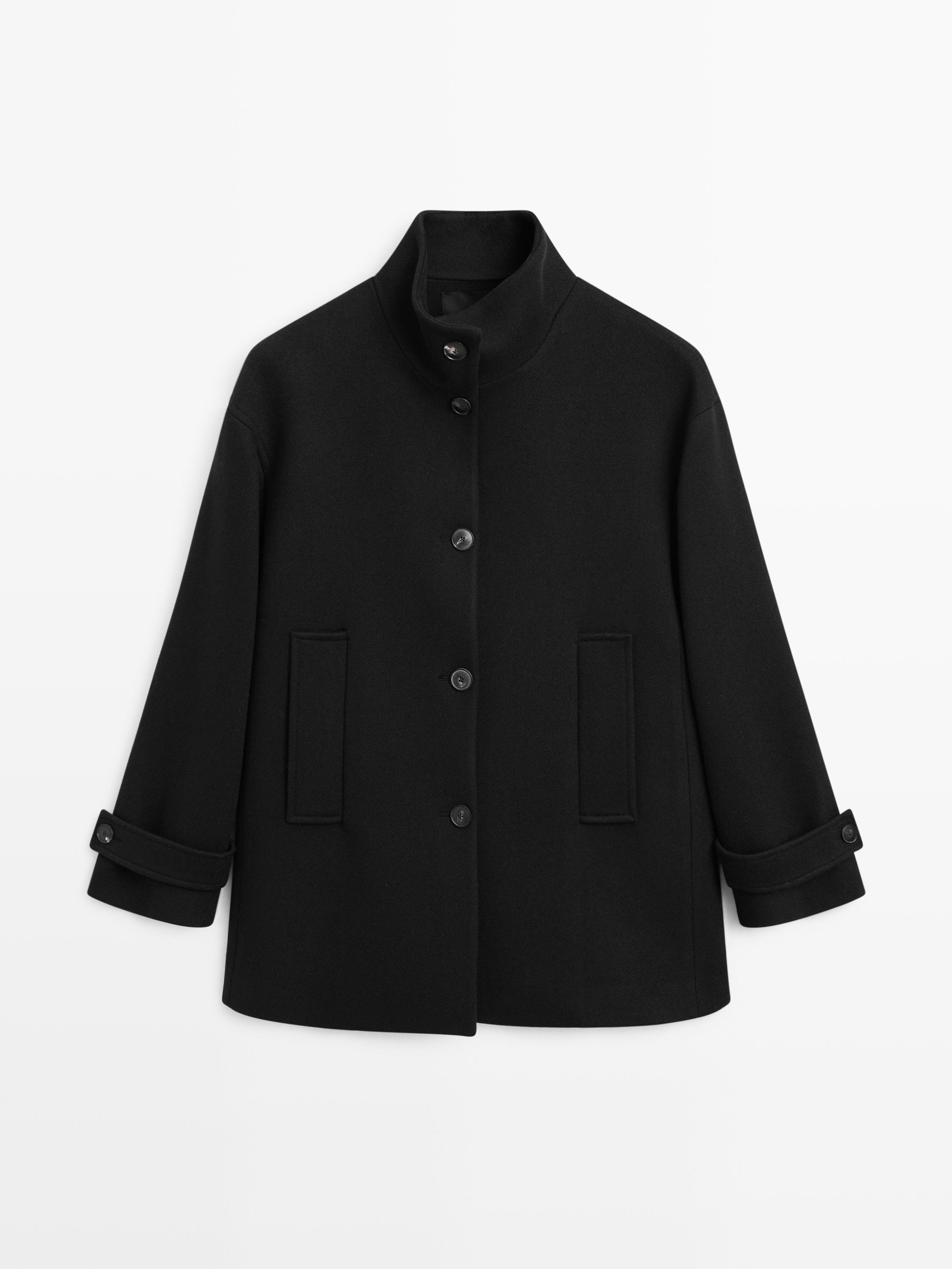 Wool blend high neck coat with button fastening