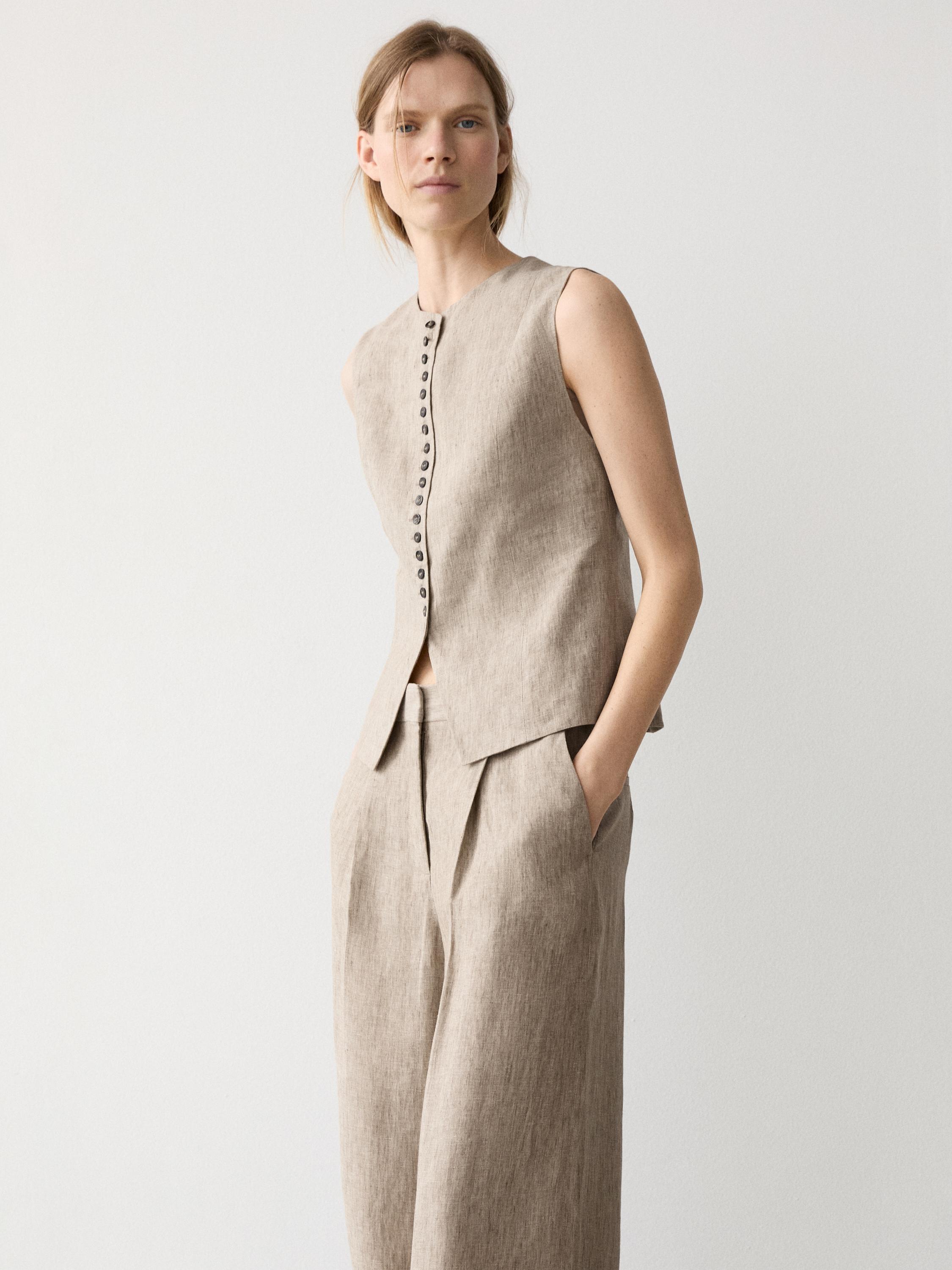 Linen melange waistcoat with buttons — BEIGE
