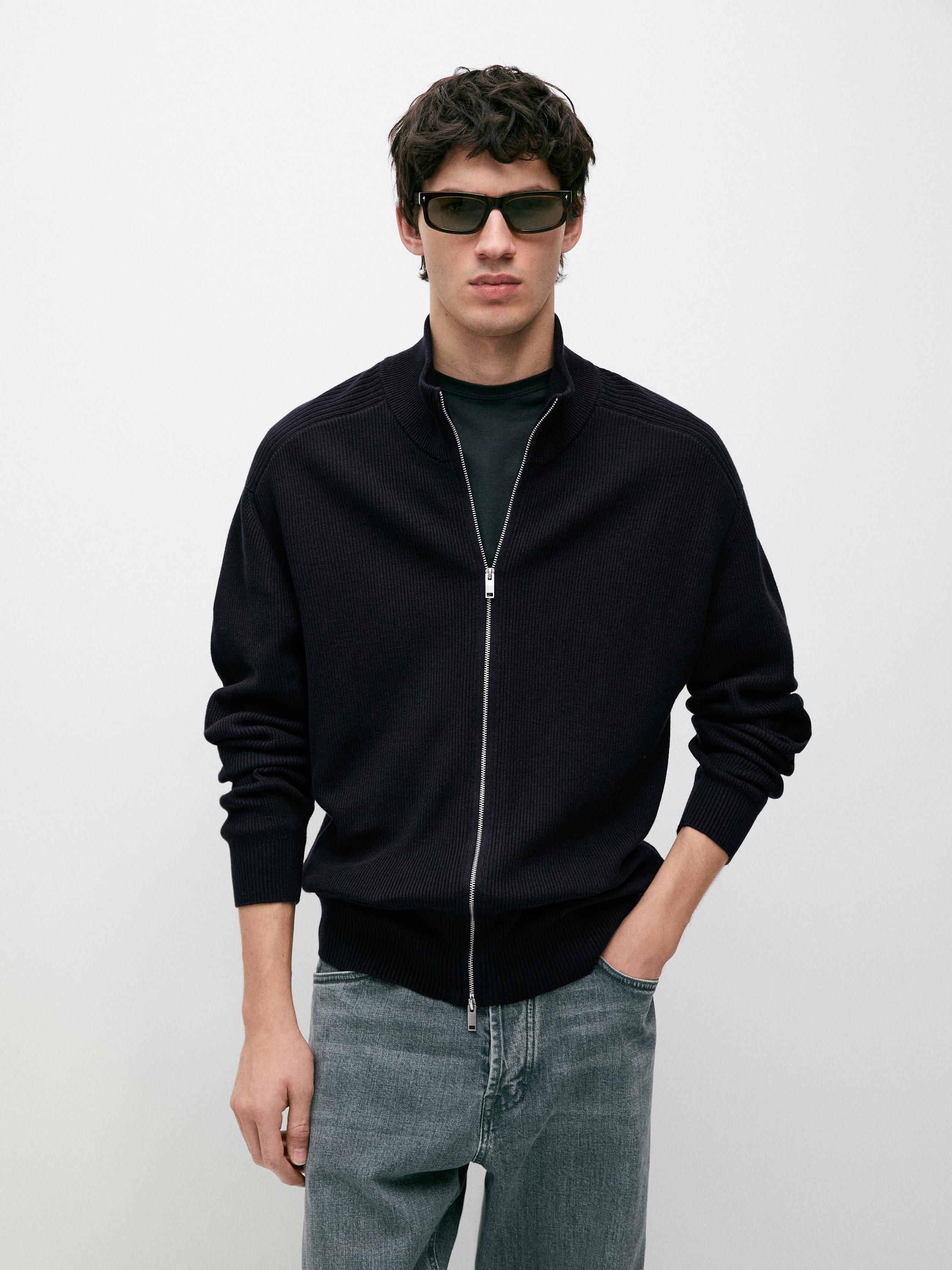 Cotton zip-up knit cardigan — NAVY BLUE