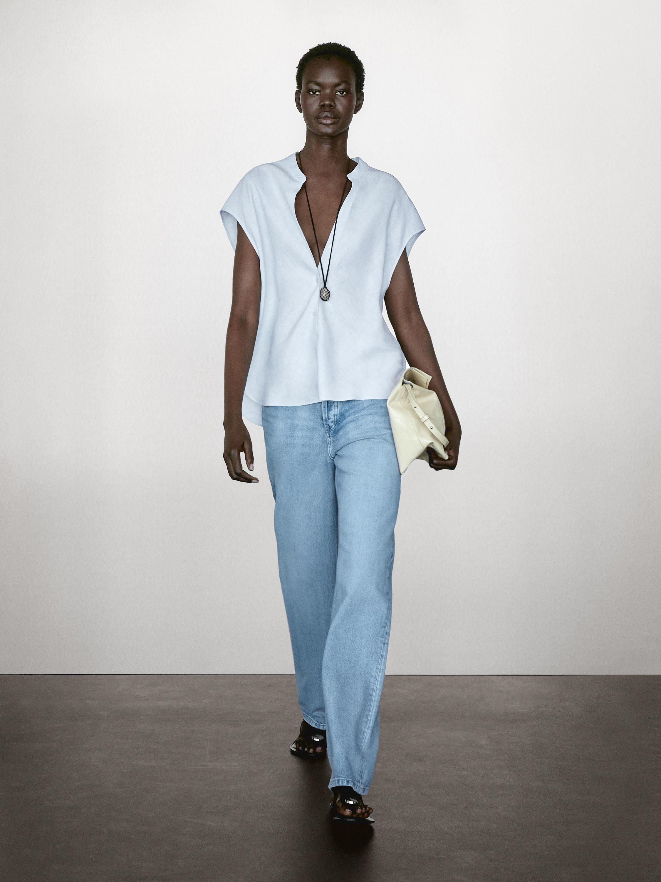 Blusas De Mujer Massimo Dutti 100% Linen Flowing Blouse With Open