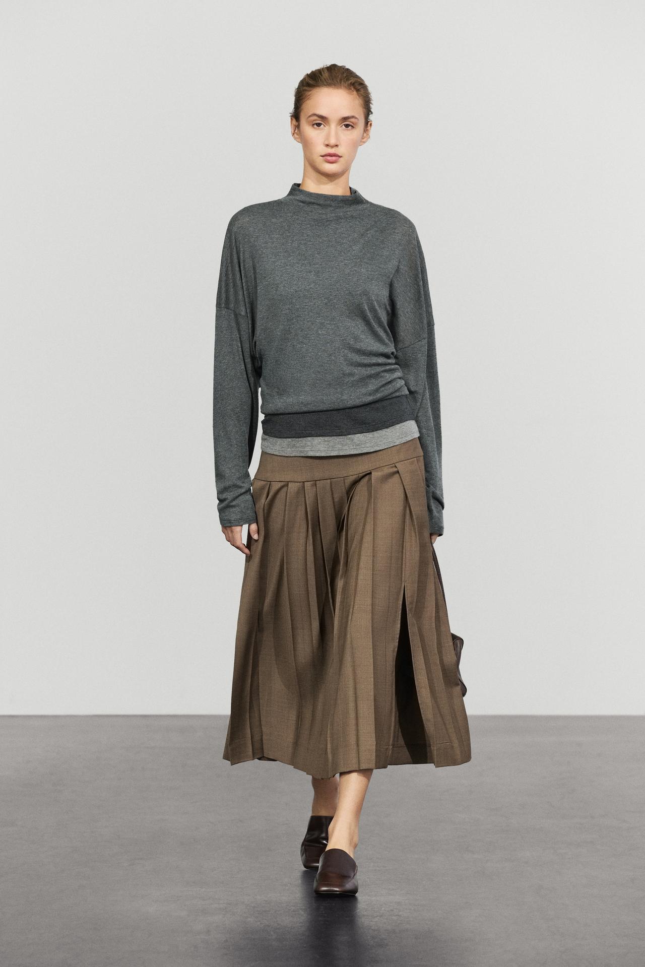 Pleated wool-blend midi skirt — BROWN
