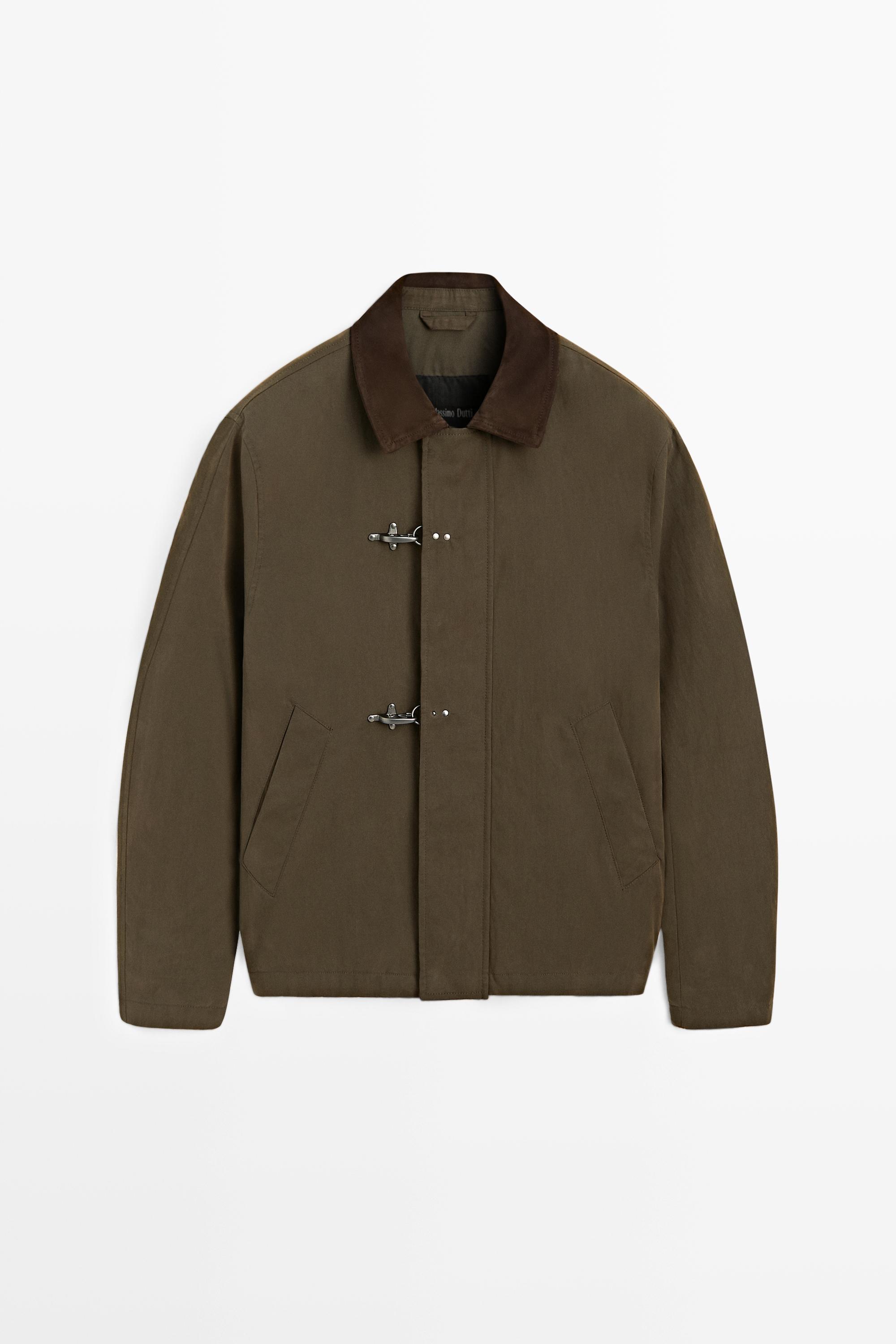 Jacket with leather collar detail — DARK KHAKI