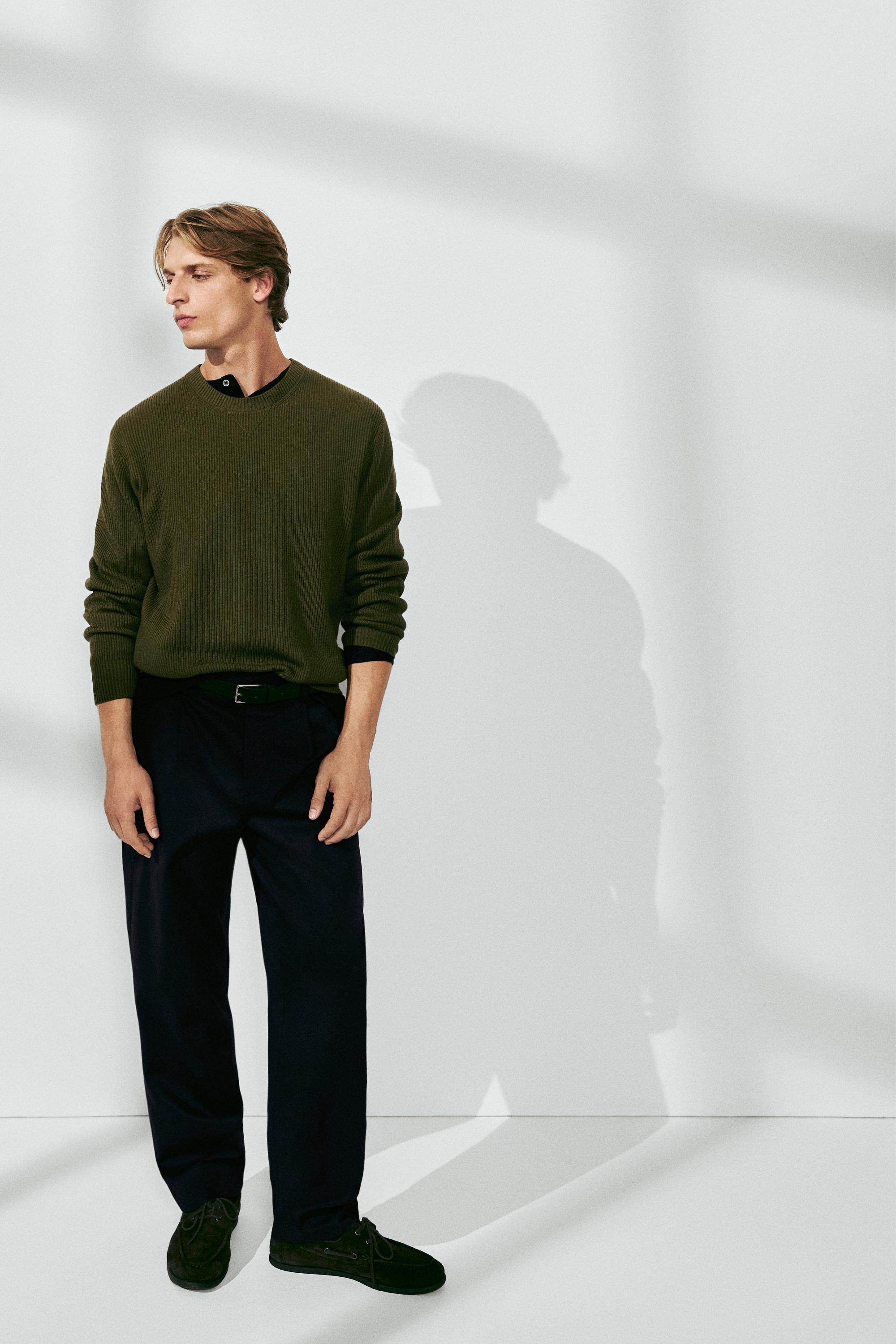 Cotton blend ribbed knit sweater — KHAKI