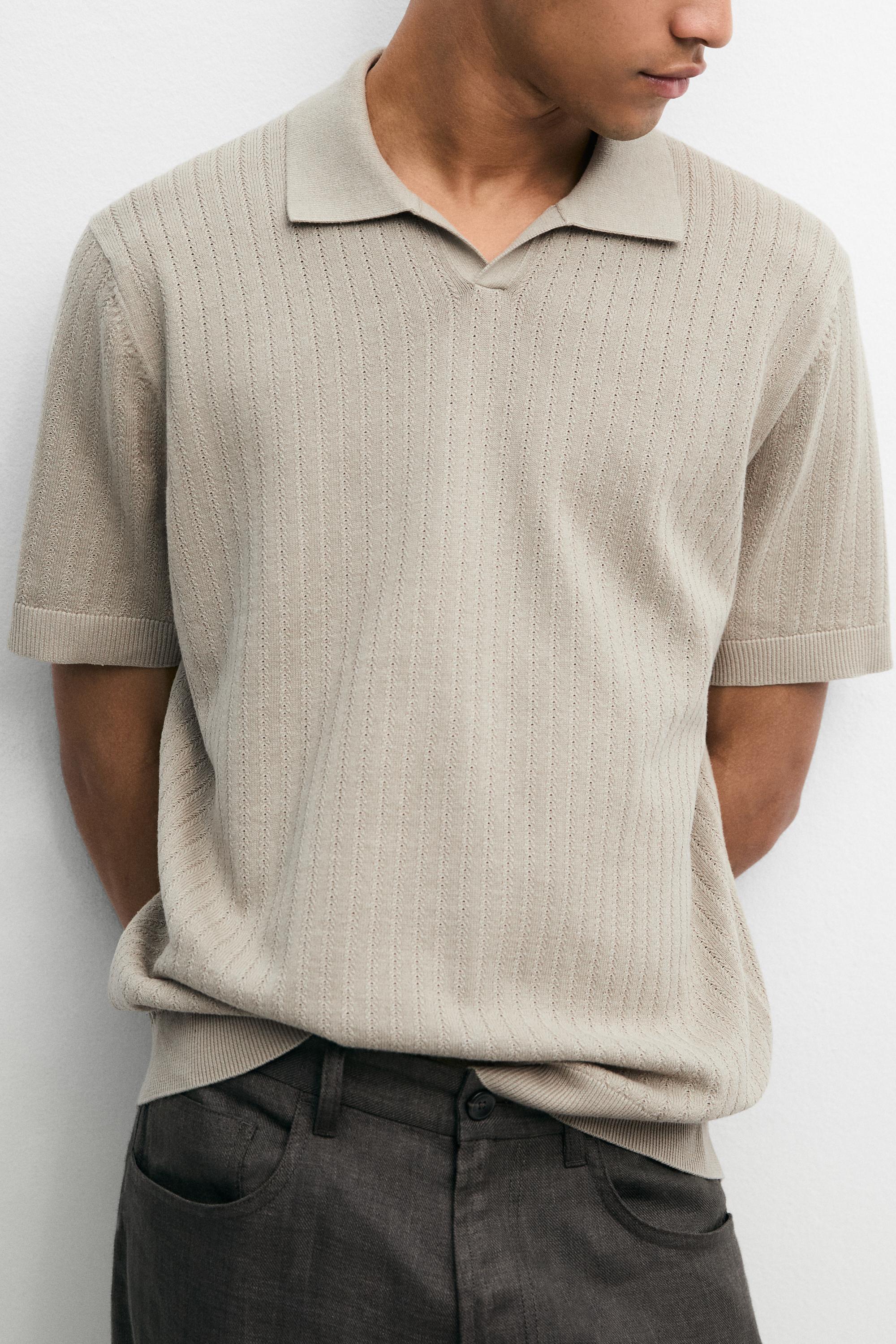 Knit polo sweater with cutwork detail — TAUPE GREY