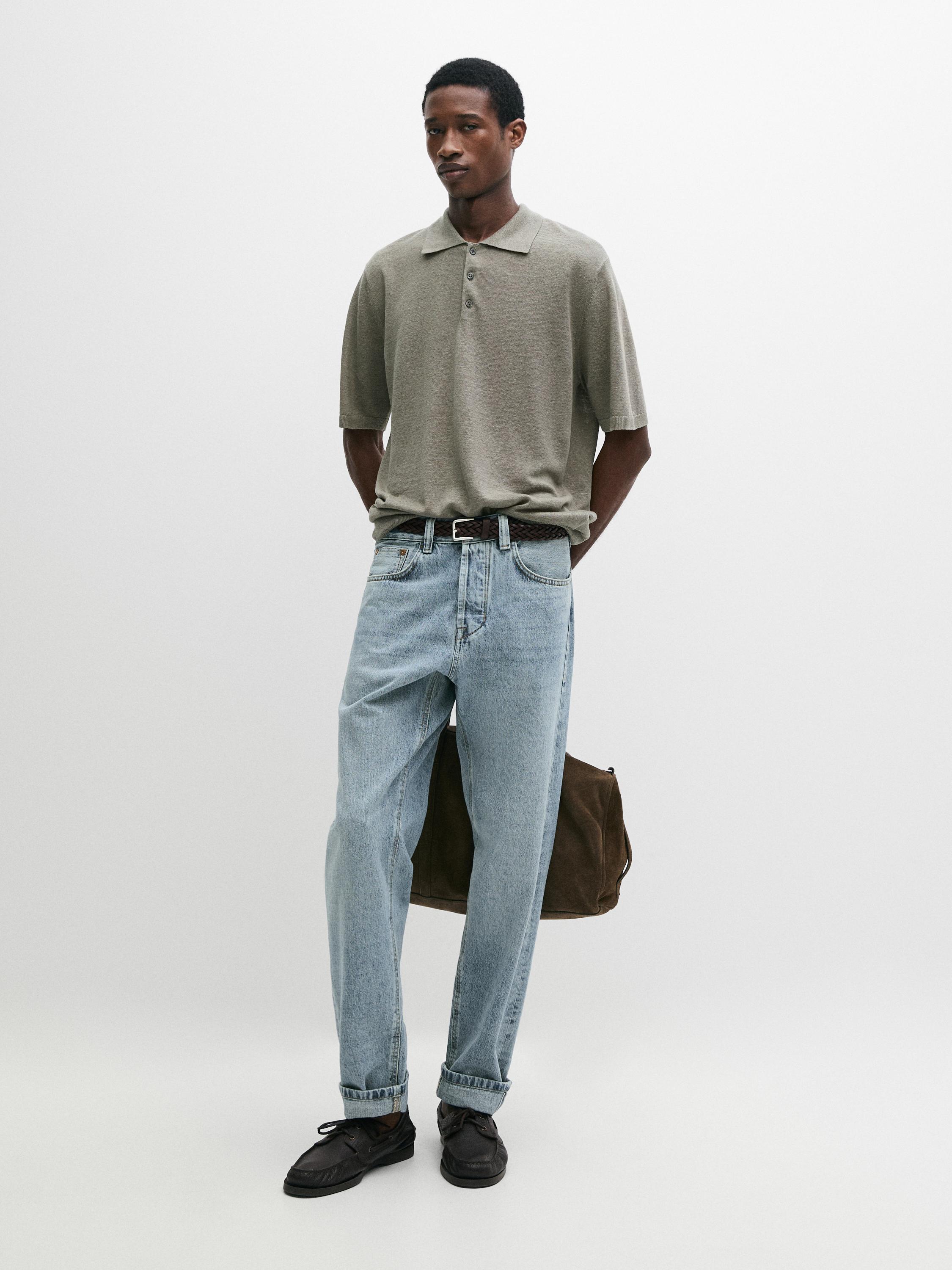 Linen knit polo sweater — MARINE GREEN