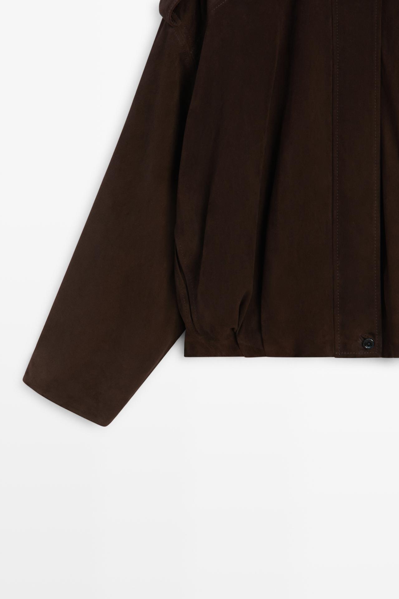 Suede bomber jacket with pleat detail — BROWN